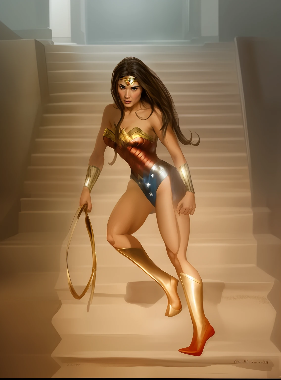 masterpiece, high detailed images, high quality images, high dewtailed faces, perfect faces, Realistic drawing of Wonder Woman holding the bright golden bow at the top of a staircase, mulher maravilha, Retrato realista da Mulher Maravilha, Directed by: Viktor Oliva, desenho realista de quadrinhos, comic realistic drawing, Directed by: Aleksander Kotsis, Directed by: Ramon Silva,  Directed by: Italo Mus, desenhado no estilo de artgerm, Directed by: Gabrijel Jurkić, Directed by: Roy Dalgarno, Wonder Woman, sexy athletic body, Fantastic Art, 8k