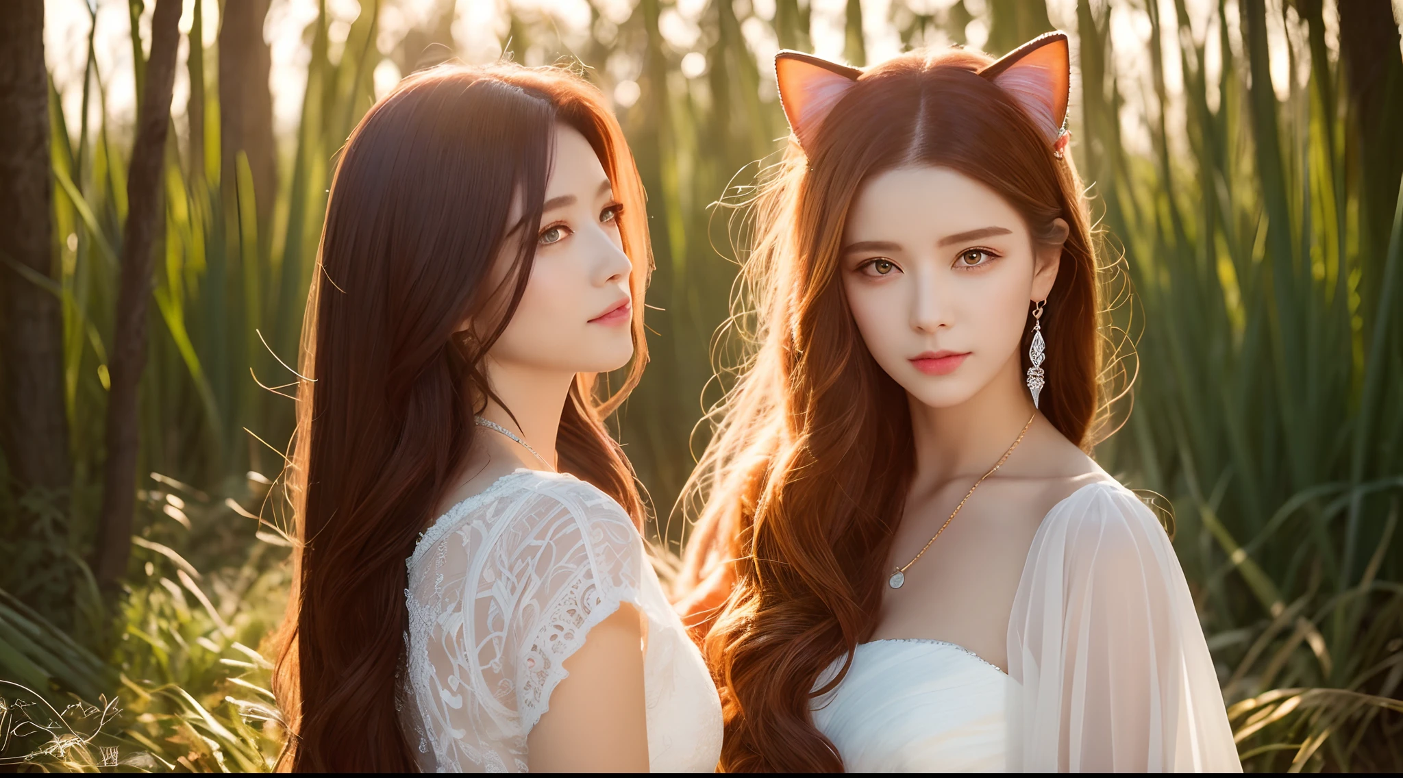 (Best quality, Vibrant colors), Long hair is dyed in a gradient from yellow to red, A radiant woman,Has eye-catching facial features and attractive eyes, Swamp with reeds, Ethereal and alluring, Openwork wedding dress, Sunset lighting, Cat ears, a crystal pendant.