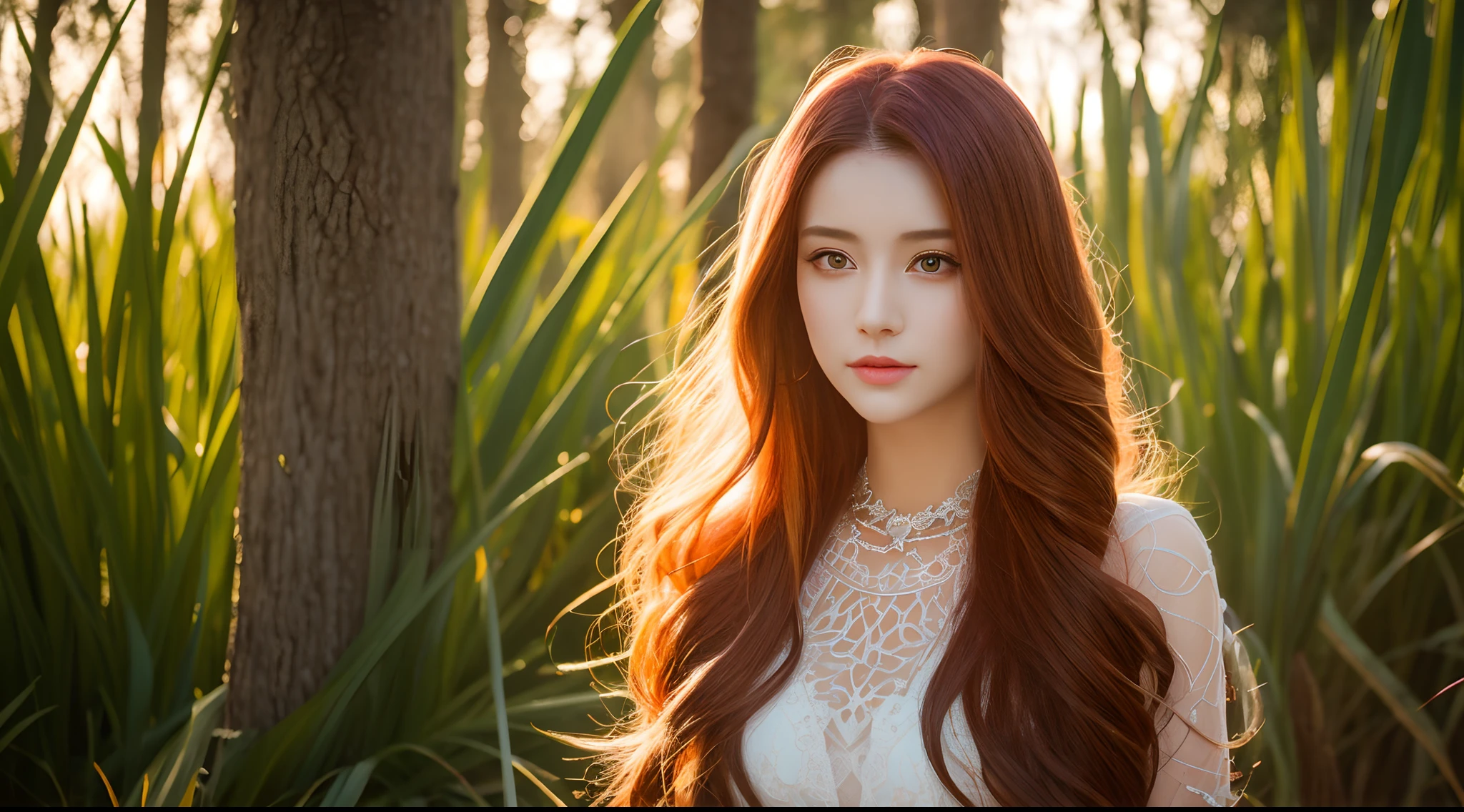 (Best quality, Vibrant colors), Long hair is dyed in a gradient from yellow to red, A radiant woman，Has eye-catching facial features and attractive eyes, Swamp with reeds, Ethereal and alluring, Openwork wedding dress, Sunset lighting, Cat ears, a crystal pendant.