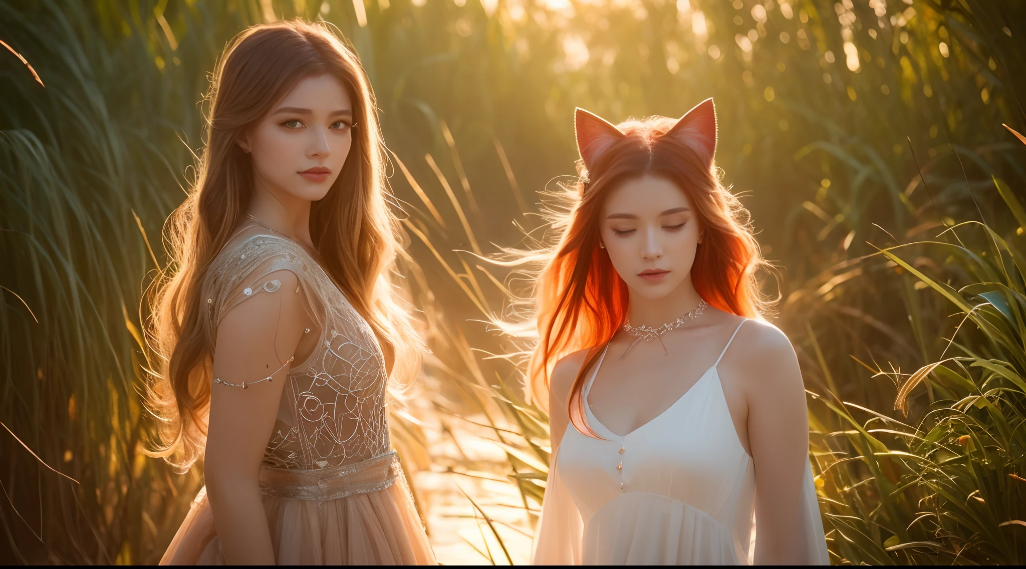 (Best quality, Vibrant colors), Long hair is dyed in a gradient from yellow to red, A radiant woman,Has eye-catching facial features and attractive eyes, Swamp with reeds, Ethereal and alluring, Openwork wedding dress, Sunset lighting, Cat ears, a crystal pendant.
