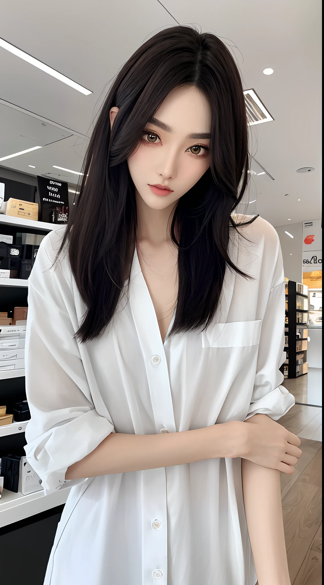 masterpiece、top-quality)、1 beutiful girl、Slim body、((Black and white plain clothes:1.1))、(Detailed beautiful eyes)、Walk around the store、((Boyish Brown Shorthair))、((Smaller face))、((Light brown eyes))、((Korean Girl))、((25-years old))、((cool lady))、((Wild look))、((Korean Makeup))、((elongated and sharp eyes))、((Dating))、((looking distantly))、((boyish))