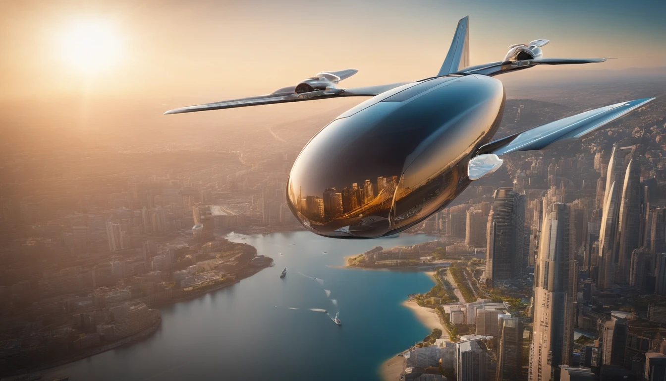 futuro navio cargueiro, design oval, cabine transparente showing piloto, flying at altitude over a city with gleaming buildings on a planet illuminated by the midday sun, (4k, 16k, master part, Foto RAW, best quality, Detalhes), (Beautiful, aesthetic, perfeito, delicado, intrincado)