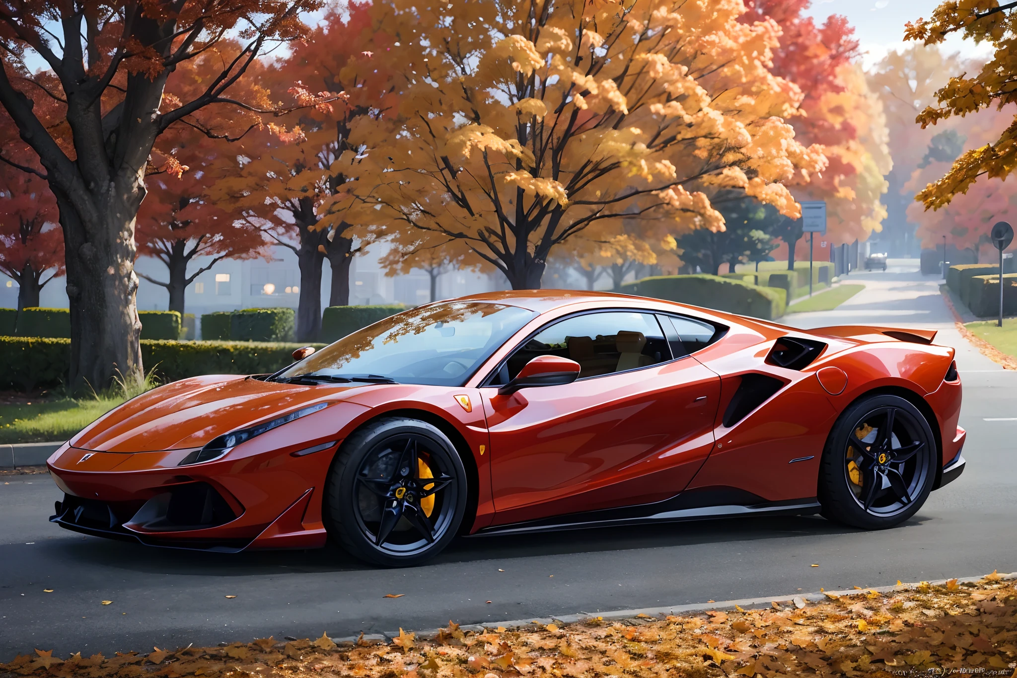 Best quality, Masterpiece, Oil painting style, Autumn scene, The enchanting glow of autumn dusk scatters the maple woodlands, Rose Cloud, Maple leaves on the ground, A Ferrari electric car is parked next to a tree,A beautiful scenery that is rare in the world