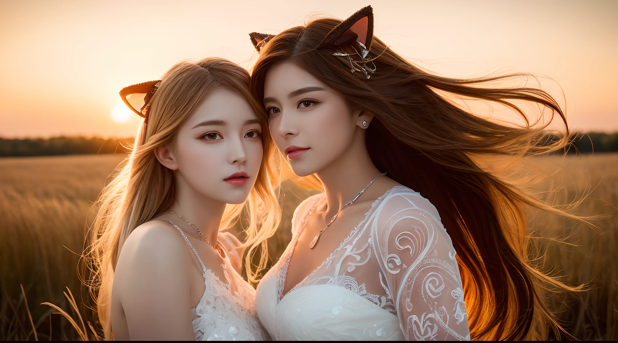 (best quality,vibrant colors), flowing hair with a gradient from yellow to red, a radiant woman with striking features and captivating eyes, a reed marsh, ethereal and alluring, a wedding dress with intricate lace details, sunset lighting, cat ears, crystal pendant.