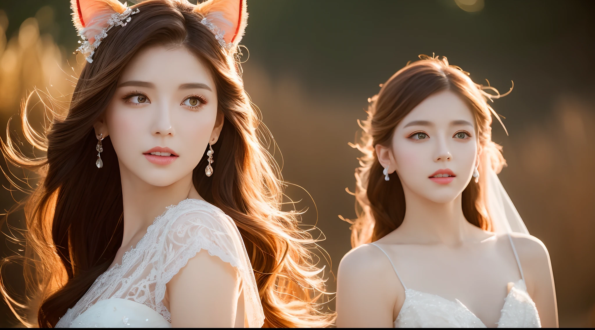 (best quality,vibrant colors), flowing hair with a gradient from yellow to red, a radiant woman with striking features and captivating eyes, a reed marsh, ethereal and alluring, a wedding dress with intricate lace details, sunset lighting, cat ears, crystal pendant.