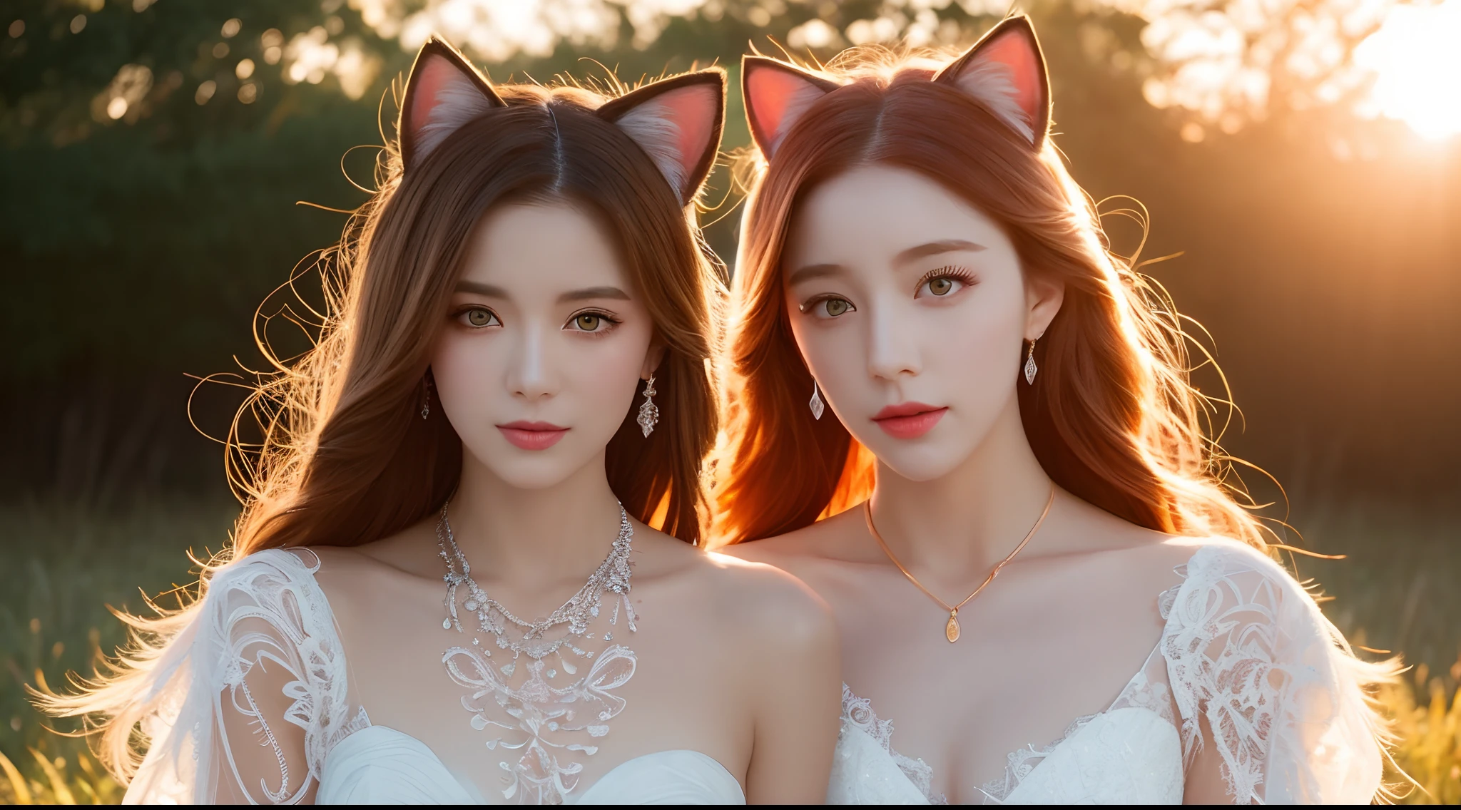 (best quality,vibrant colors), flowing hair with a gradient from yellow to red, a radiant woman with striking features and captivating eyes, a reed marsh, ethereal and alluring, a wedding dress with intricate lace details, sunset lighting, cat ears, crystal pendant.