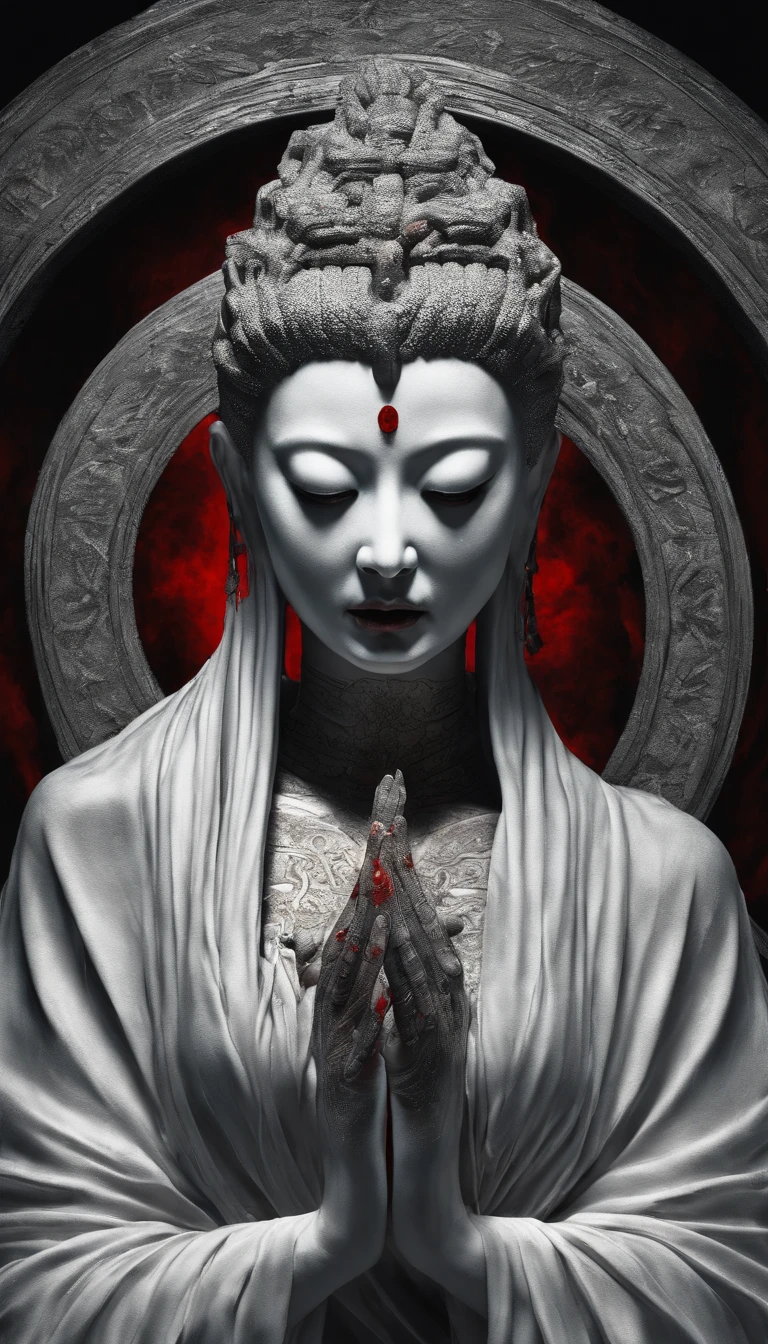 Blood red room, Flashing white TV screen, BUDDHA STATUE, cabelos preto e longos, with hair dishevelled, Cover one eye and face, Bright red eyes, Wearing a white transparent robe, Looming full breasts,liquor,Devil, reaching out her hands,Straighten your body, Red nails are exposed, Pinch the camera, hyper HD, Anatomically correct, Textured skin, Super detail, High details, High quality, A high resolution, 8K, hyper HD, Anatomically correct, Textured skin, Super detail, High details, High quality, Best quality, 8K,Leishnampo,Room 2,Horror