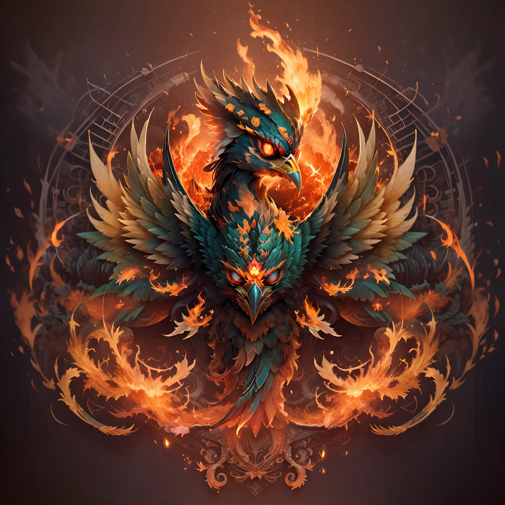 Logo, (Phoenix Bird, Eyes burn with fire) symmetry, style of: ghotic, 3d, Doubleexposure