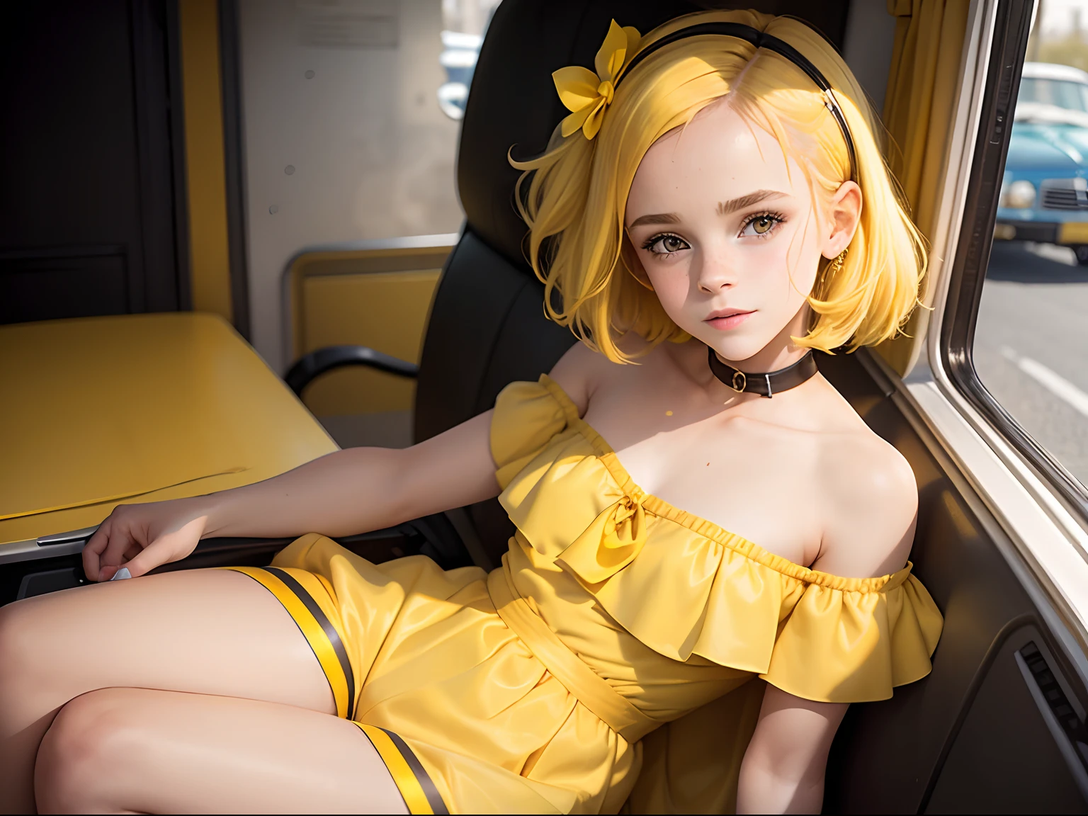 ten Emma Watson wearing a yellow strapless playsuit in a minibus, small bust, small chest, cute smile, yellow hair accessories, yellow makeup, yellow lips, yellow collar, yellow hair.