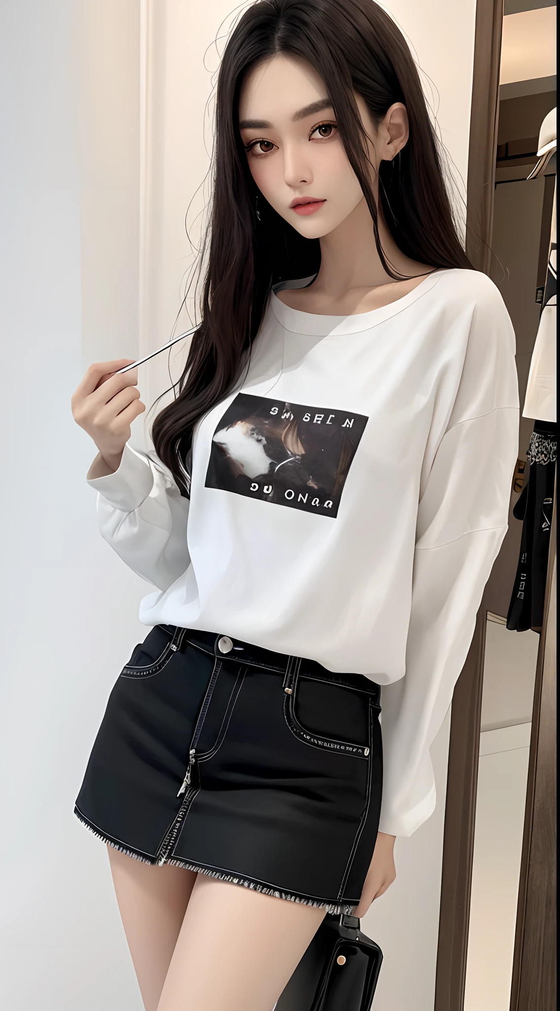 masterpiece、top-quality)、1 beutiful girl、Slim body、((Black and white plain clothes:1.1))、(Detailed beautiful eyes)、Walk around the store、((Boyish Brown Shorthair))、((Smaller face))、((Light brown eyes))、((Korean Girl))、((25-years old))、((cool lady))、((Wild look))、((Korean Makeup))、((elongated and sharp eyes))、((Dating))、((looking distantly))、((boyish))
