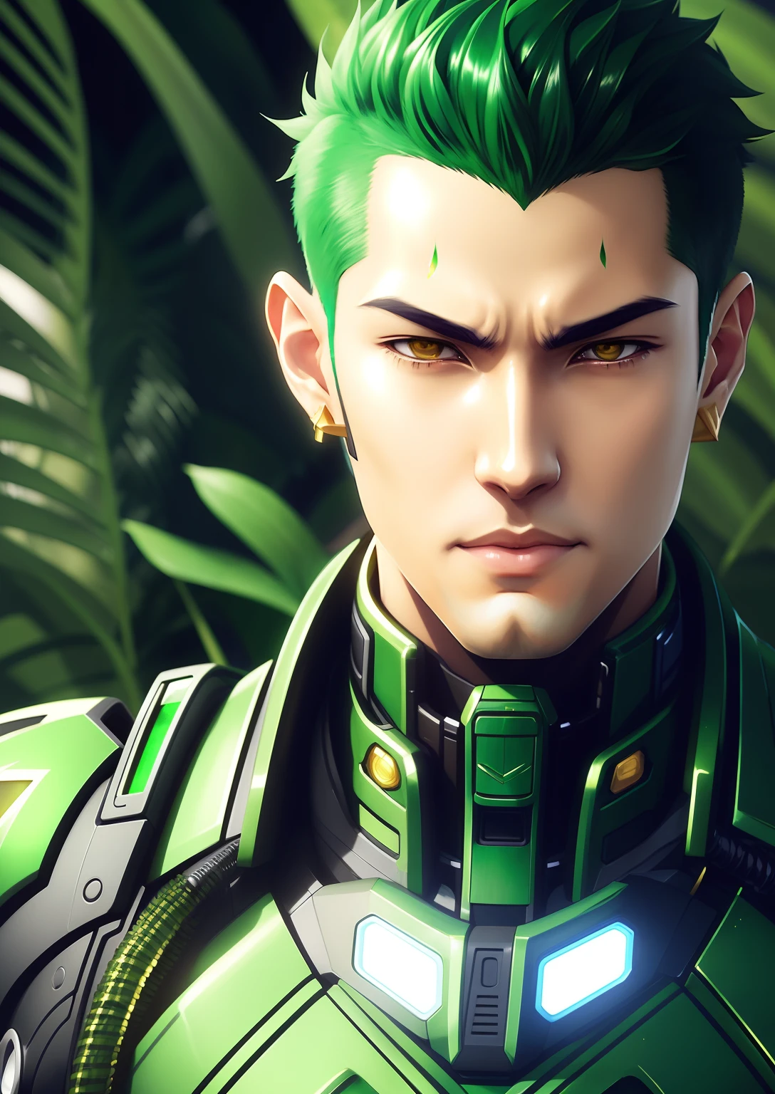 a person with green hair golden earrings in a gold green suit, giant monstera deliciosa leaves at the background game cg, video game avatar, ross tran and bayard wu, g liulian art style, trigger anime artstyle, jin shan and ross tran, cg art, rossdraws digital painting, akehiko inoue and ross tran, character art closeup, male android, detailed digital anime art