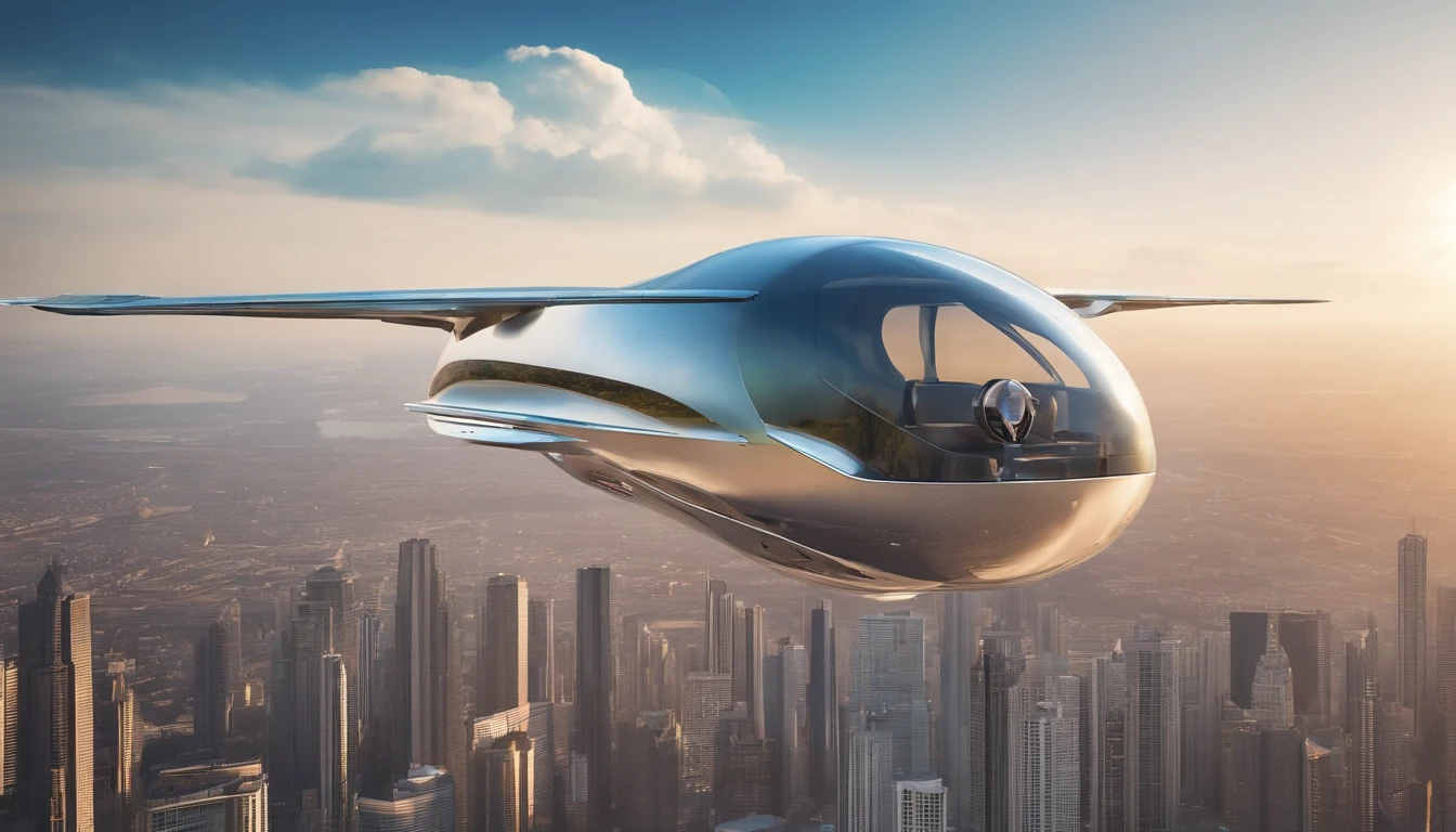 futuro navio cargueiro, design oval, cabine transparente showing piloto, flying at altitude over a city with gleaming buildings on a planet illuminated by the midday sun, (4k, 16k, master part, Foto RAW, best quality, Detalhes), (Beautiful, aesthetic, perfeito, delicado, intrincado)