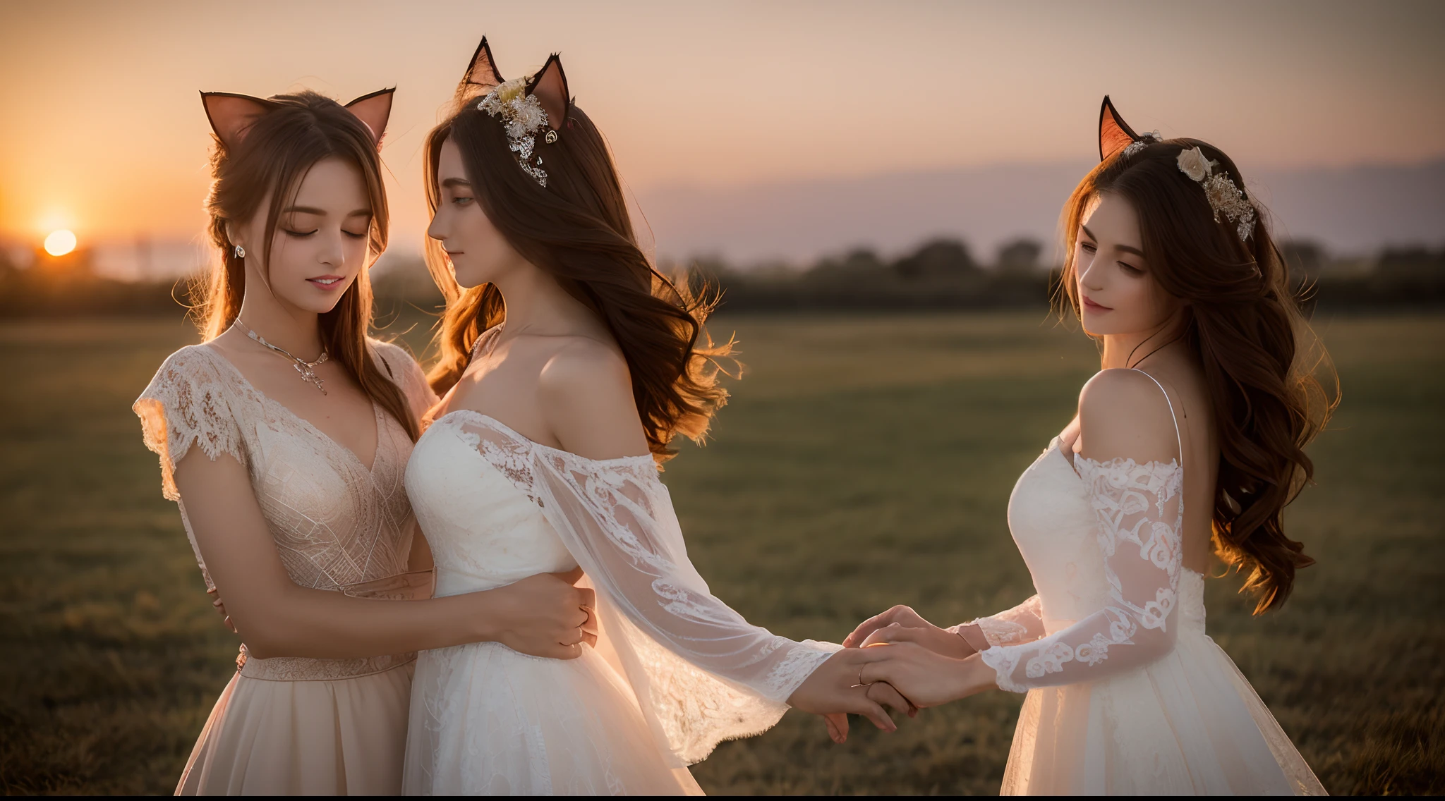 (best quality,vibrant colors), flowing hair, transitioning from yellow to red, radiant woman, striking features, captivating eyes, reed marsh, ethereal and alluring, wedding dress with intricate lace details, sunset lighting, cat ears, crystal pendant, karate pose