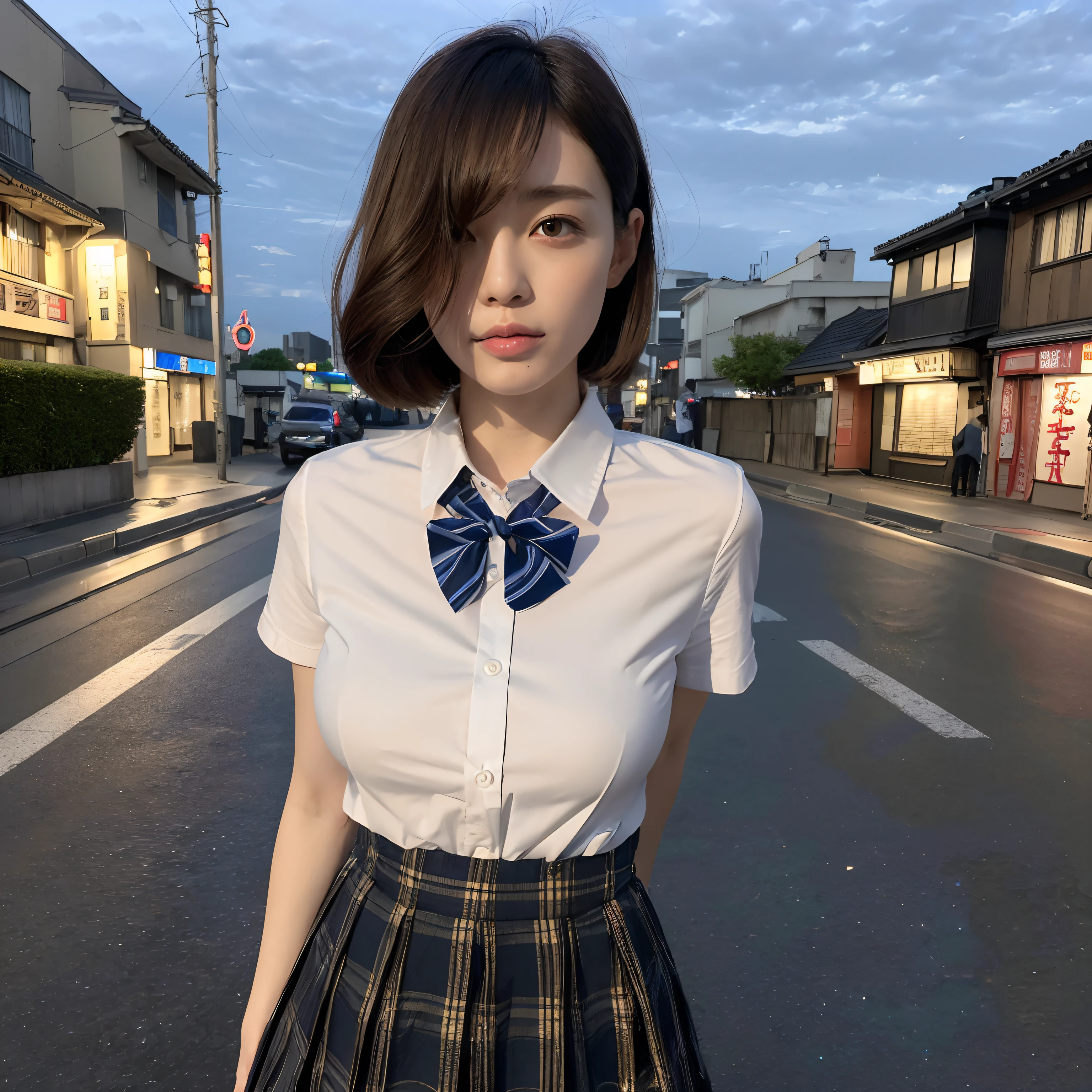 (8K, Raw photo, Best Quality, masutepiece:1.2), (Realistic, Photorealsitic:1.37), Ultra-detailed, 1 girl,Cute, Solo,Beautiful detailed sky,detailed Tokyo street,Night, medium breasts,Beautiful detailed eyes,(Collared shirt:1.1), bowtie,Pleated skirt,(Short hair:1.2),Floating hair,Short High,glistning skin