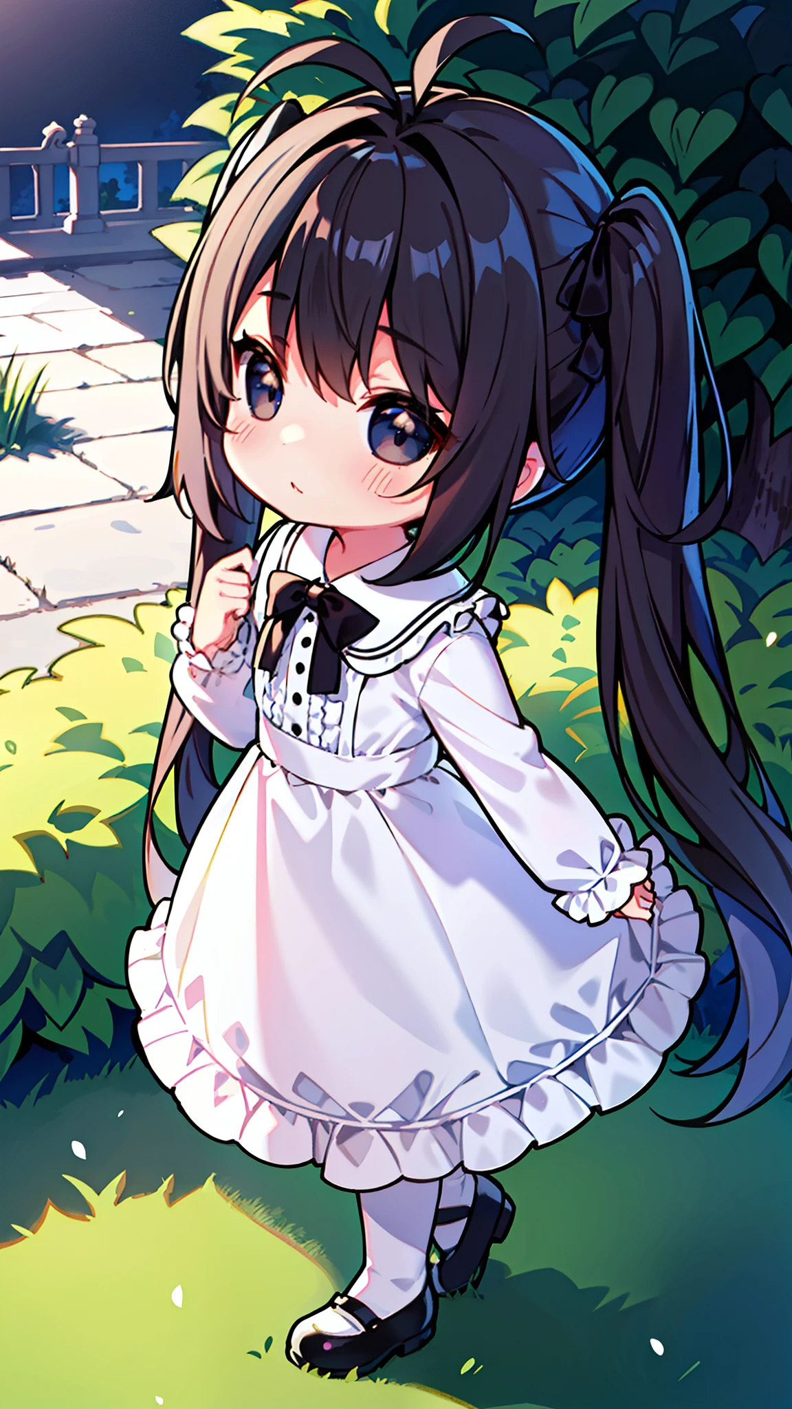 (ultra-detailed),(best shadow),(cinematic lighting),dynamic angle,(finely detail),(Original Character,8k, Masterpiece, Best Quality,Detailed, Beautiful Detailed Eyes, solo),((1loli girl,4 years old)),small,white outfit,black hair,long hair,(((hair 2antenna))),black eyes,black sclera,twintails,loli,solo,cute,(standing in a garden in night),shy,blush