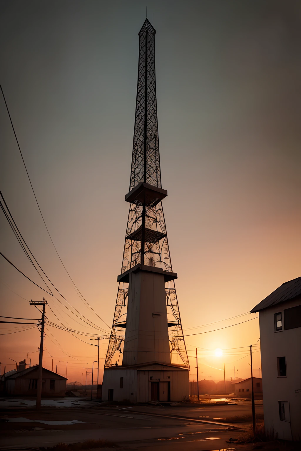 ultra realistic radio tower in a town that has been affected by an apocalypse, dark and gloomy during sunset, highly detailed