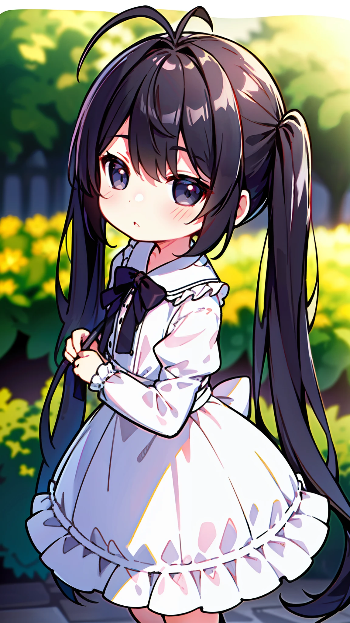 (ultra-detailed),(best shadow),(cinematic lighting),dynamic angle,(finely detail),(Original Character,8k, Masterpiece, Best Quality,Detailed, Beautiful Detailed Eyes, solo),((1loli girl,4 )),small,white outfit,black hair,long hair,(((hair 2antenna))),black eyes,black sclera,twintails,loli,solo,cute,(standing in a garden in night),shy,blush