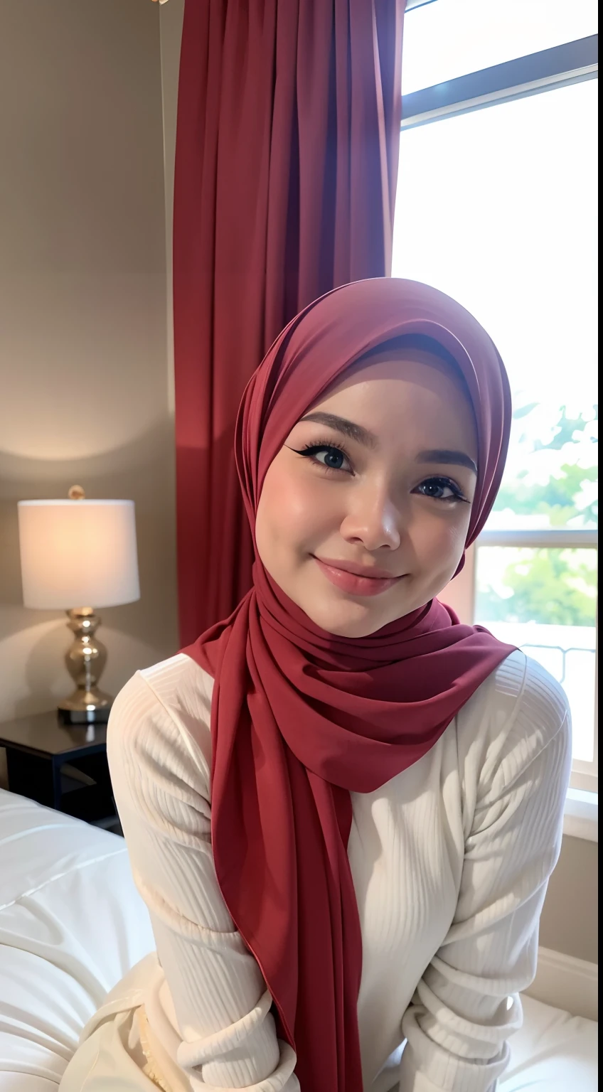 night scene, close up photo of a sexy malay girl with hijab and underwear, posing, look at a camera and smile, lying on bed, pink pastel hijab, (green eyes:0.8), cute young face, 18 yo, soft volumetric lights, (backlit:1.3), (cinematic:1.3), intricate details, (ArtStation:1.2)