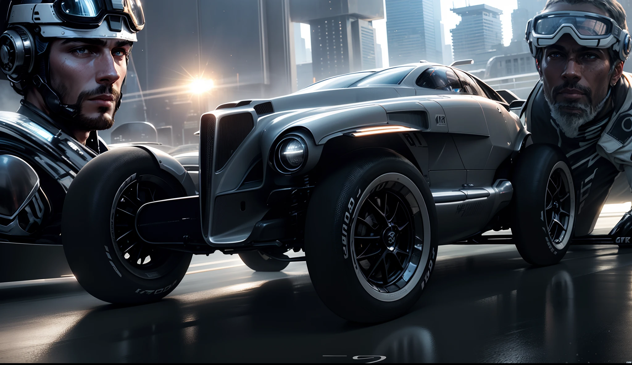 A futuristic metallic gray race car in the foreground, behind a driver in racing clothes of the future and next to a driver also in futuristic clothes, Ao fundo, A futuristic city with sun shining reflecting on the futuristic buildings