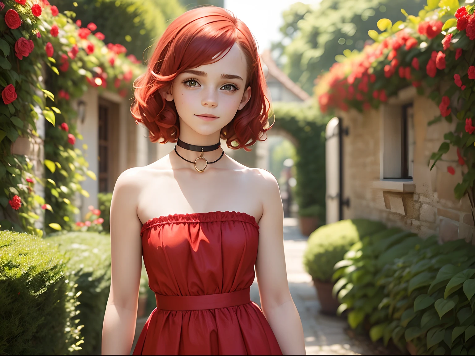 tween Emma Watson wearing a strapless red playsuit in a pretty garden, small bust, small chest, cute smile, red hair accessories, red collar, red bracelet. red hair.