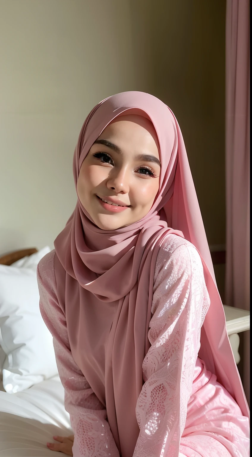 night scene, close up photo of a sexy malay girl with hijab and underwear, posing, look at a camera and smile, lying on bed, pink pastel hijab, (green eyes:0.8), cute young face, 18 yo, soft volumetric lights, (backlit:1.3), (cinematic:1.3), intricate details, (ArtStation:1.2)