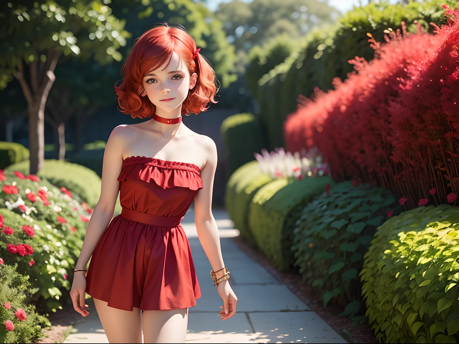 ten Emma Watson wearing a strapless red playsuit in a pretty garden, small bust, small chest, cute smile, red hair accessories, red collar, red bracelet. red hair.