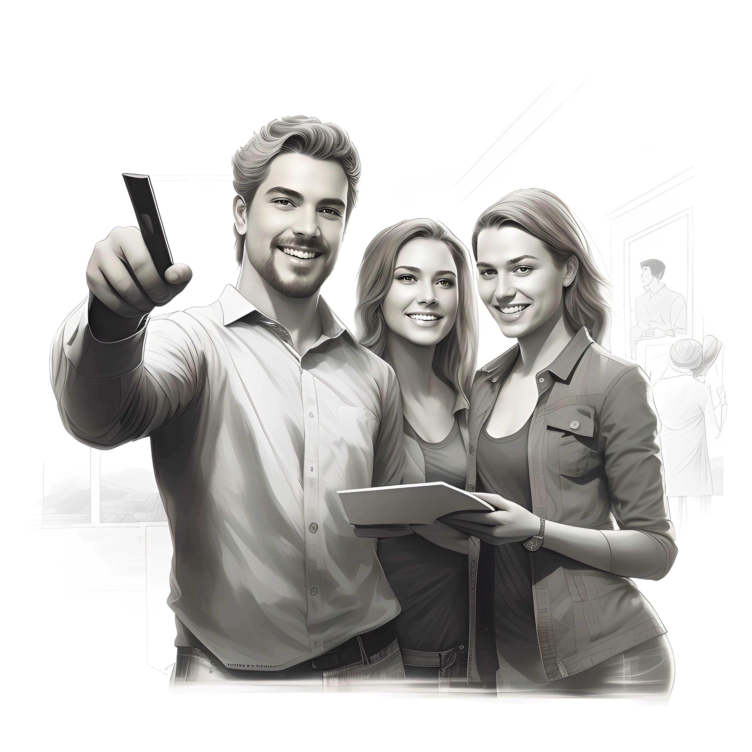 there are two people that are standing together and one is holding a book, commercial illustration, promotional art, official illustration, promo art, digital pencil painting, promotional artwork, by Bencho Obreshkov, digital illustration -, by Nicholas Marsicano, proffesional illustration, by Adam Marczyński, by Patrick Pietropoli, artists