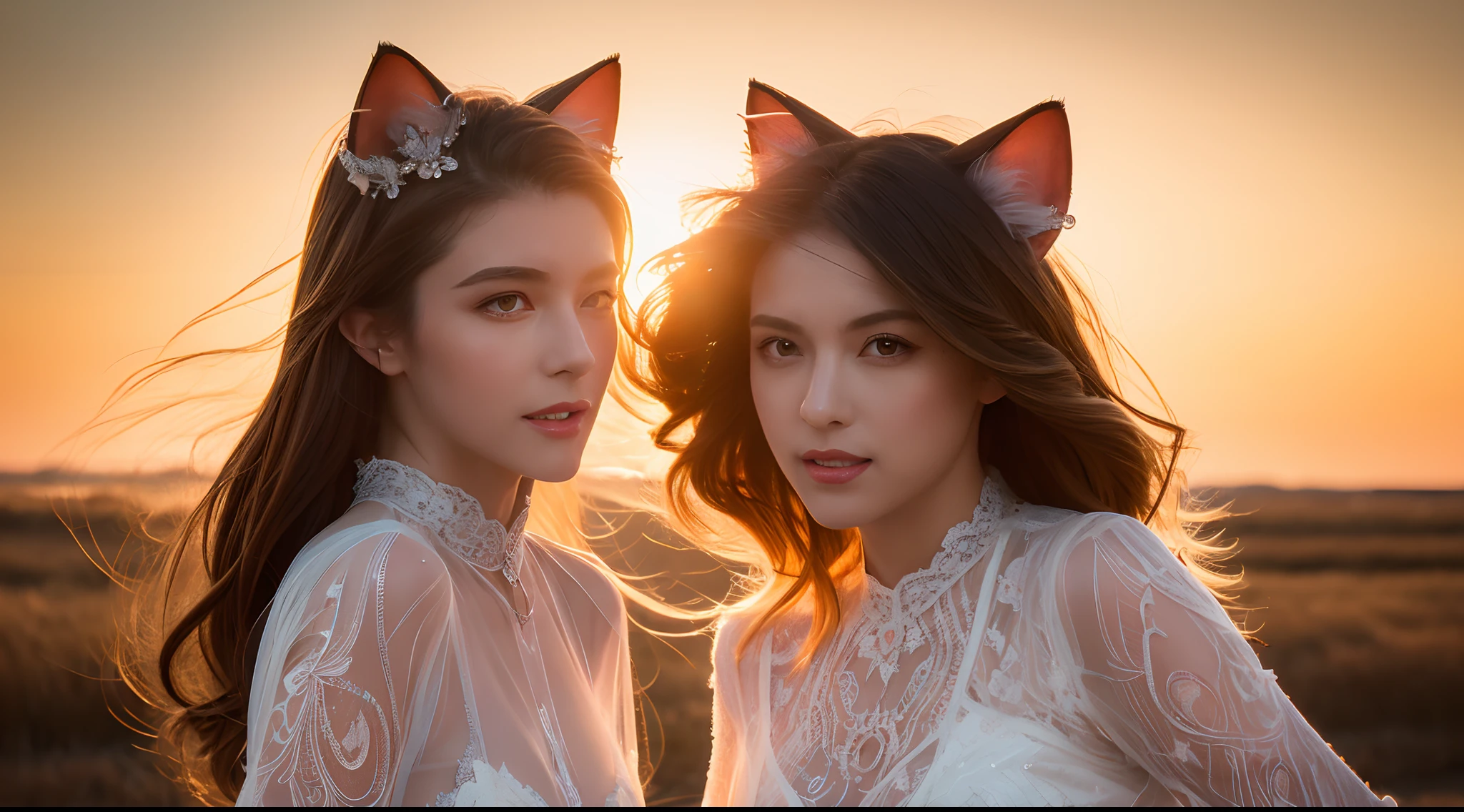 Stable Diffusion prompt:
(best quality, vibrant colors), flowing hair, transitioning from yellow to red, radiant woman, striking features, captivating eyes, Reed marsh, ethereal allure, wedding dress, delicate lace details, sunset lighting, cat ears, crystal pendant, karate pose, metallic sheen machine