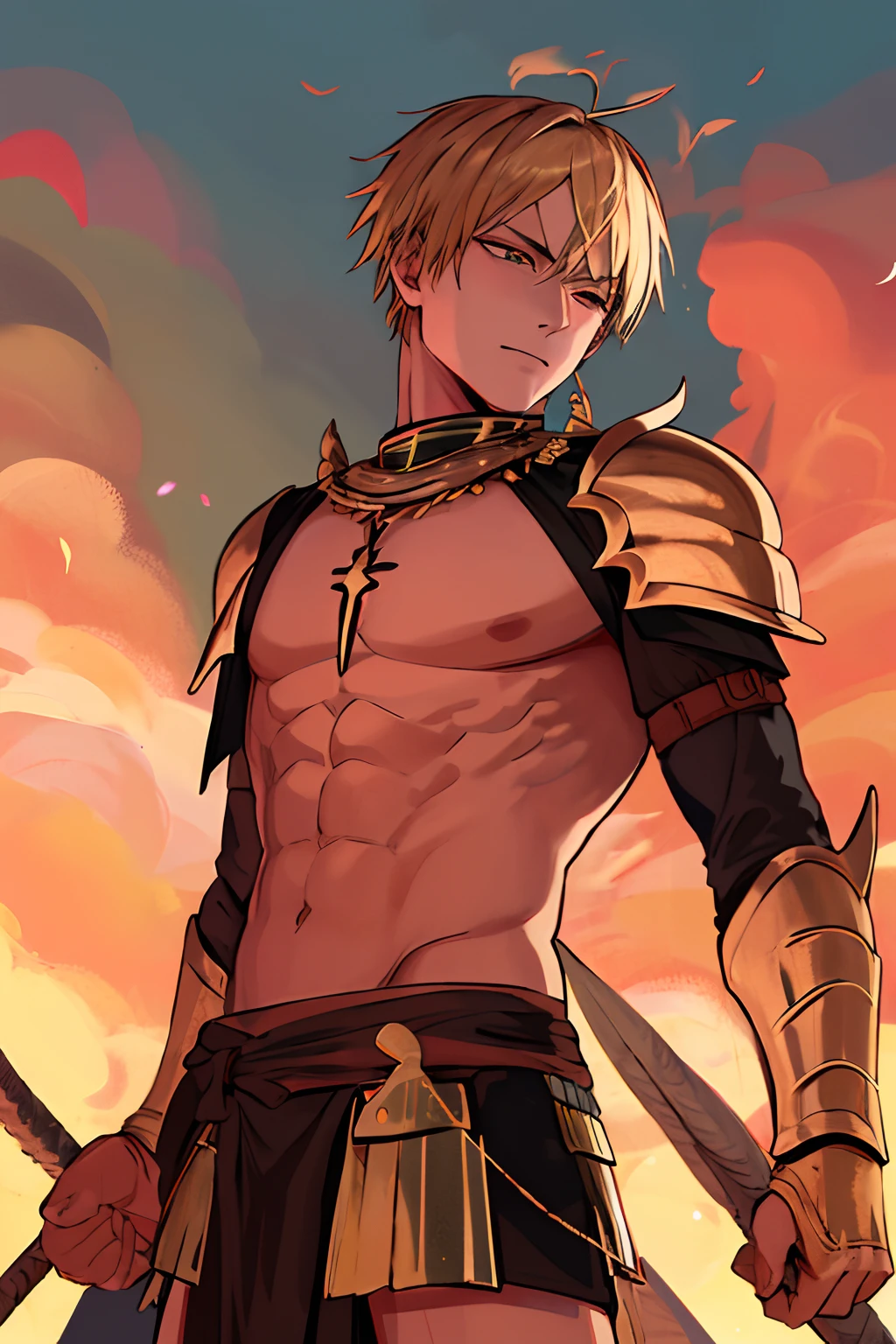 master part, melhor qualidade, 1st , sozinho, ,olhos vermelhos, cercado por fogo, Gilgamesh_\(destino\), sozinho, blonde hair, Deus do fogo, armadura, asas de fogo, Knights of the Zodiac, Iggy of Phoenix.