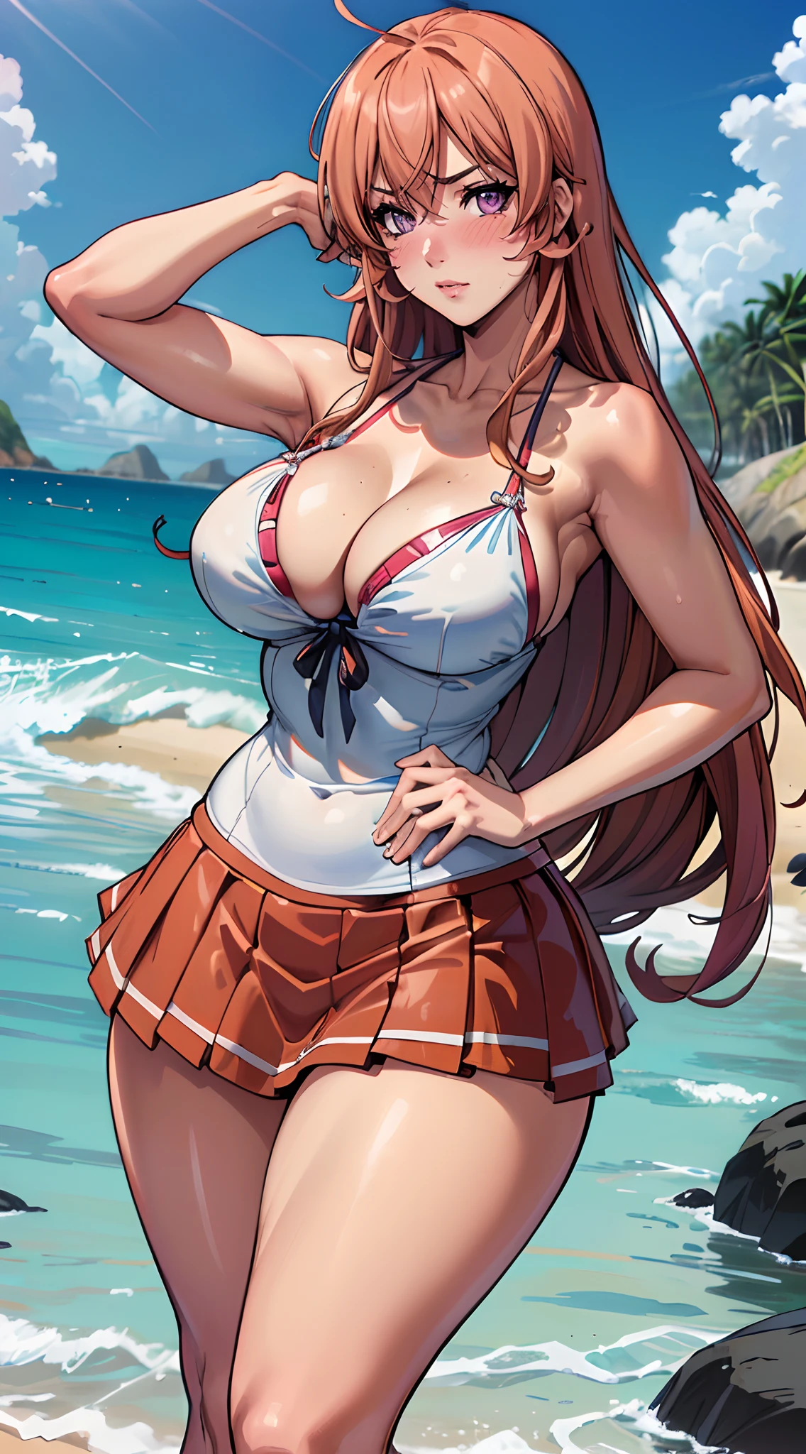 (melhor qualidade:1.3), (qualidade 4K), Erina Nakiri por Shokugeki no soma, ((Rosto detalhado)), ((body curvy)), ((corar)), (peitos grandes), clivagem, sexy, (((cabelos longos))),  ((mini saia)), ((Praia))