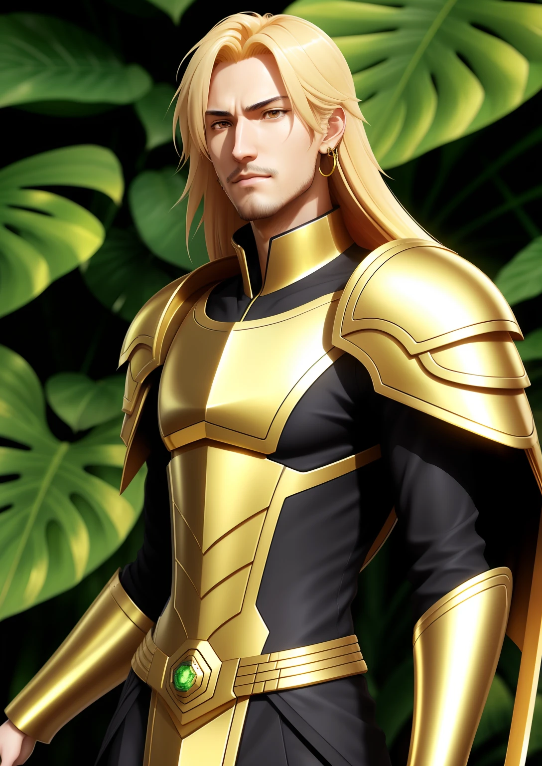 a male warrior long golden hair golden earrings in a gold green suit, ((forest)) giant monstera deliciosa leaves at the background game cg, video game avatar, ross tran and bayard wu, g liulian art style, trigger anime artstyle, cg art, rossdraws digital painting, akehiko inoue and ross tran, character art closeup, male android, detailed digital anime art