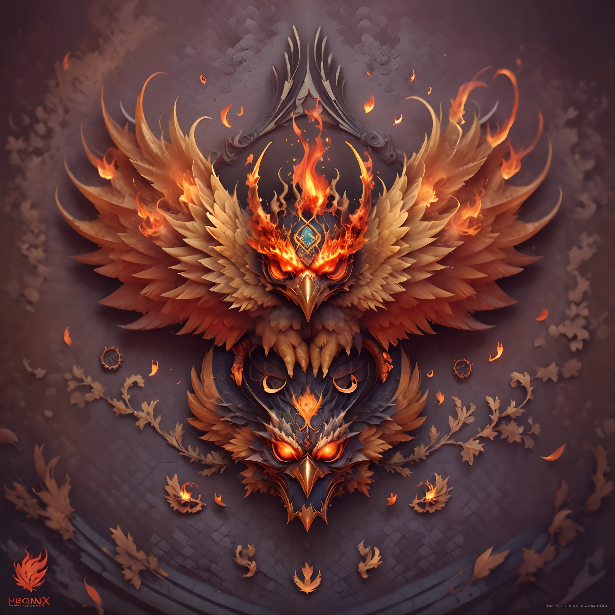 Logo, (Phoenix Bird, Eyes burn with fire) symmetry, style of: ghotic, ..3d