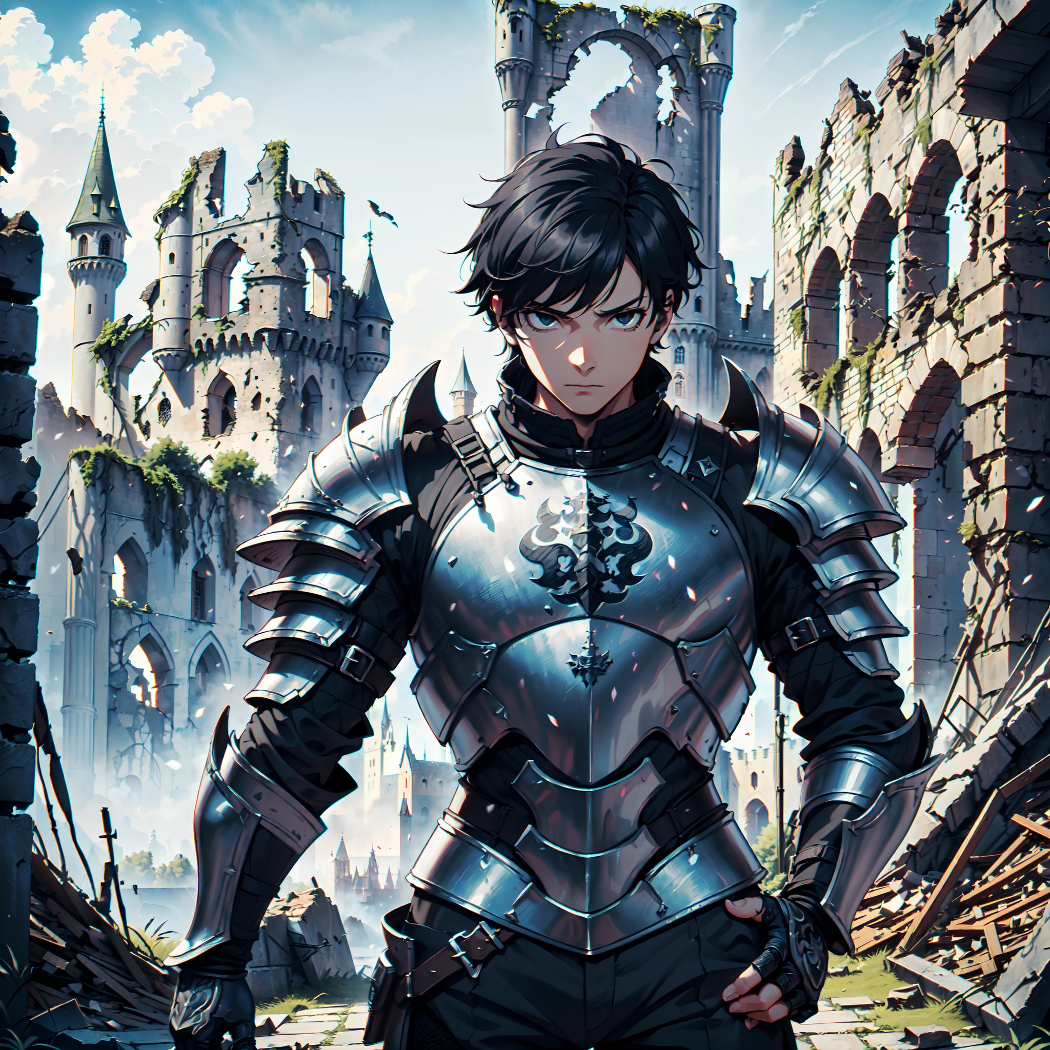 128K Resolution,
Ultra High Definition,
Best Quality,
Hyper Detailed,
Masterpiece,
Anime,
Body Shot,
1 Boy,
(((Hyper Detailed Black Short Hair))),
Black Eyes,
(((Hyper Detailed Armor Plates))),
(((Hyper Detailed Undershirt))),
(((Hyper Detailed Baron Armor))),
(((Castle Ruins Background Scenery))),
