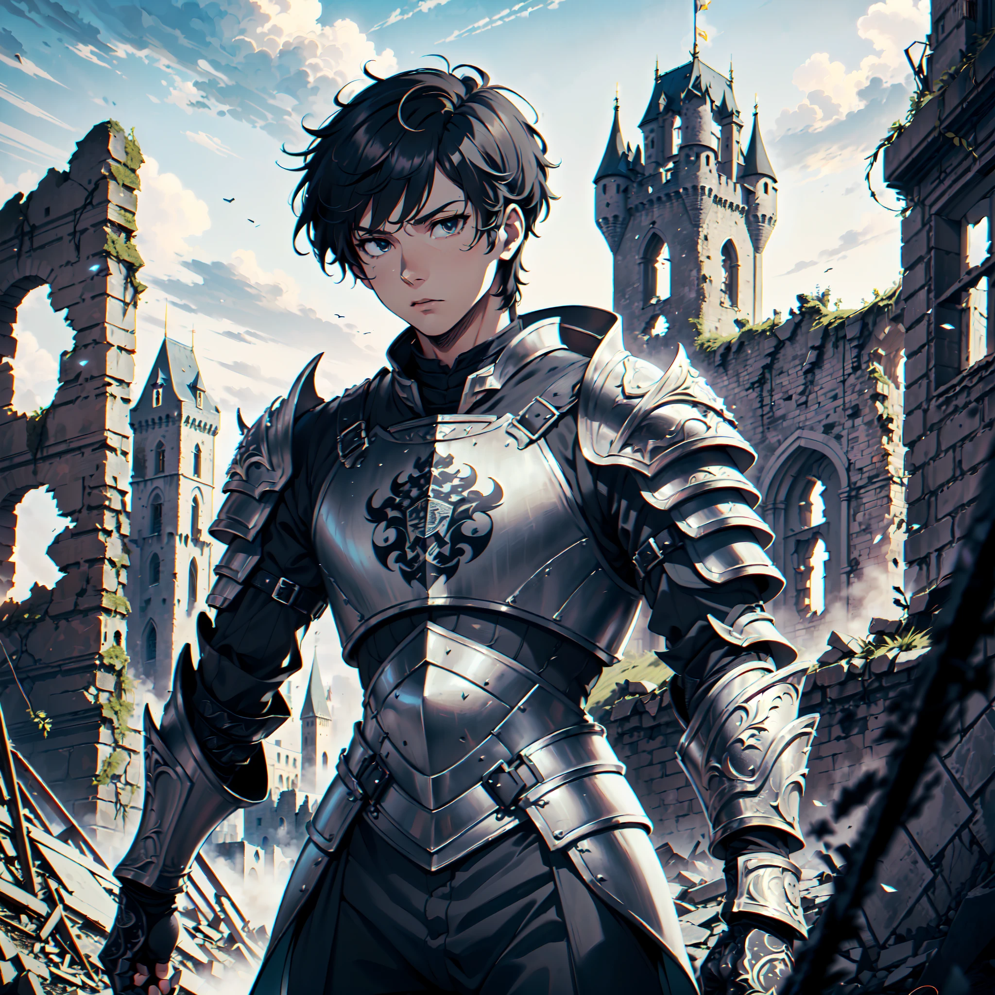 128K Resolution,
Ultra High Definition,
Best Quality,
Hyper Detailed,
Masterpiece,
Anime,
Body Shot,
1 Boy,
(((Hyper Detailed Black Short Hair))),
Black Eyes,
(((Hyper Detailed Armor Plates))),
(((Hyper Detailed Undershirt))),
(((Hyper Detailed Baron Armor))),
(((Castle Ruins Background Scenery))),
