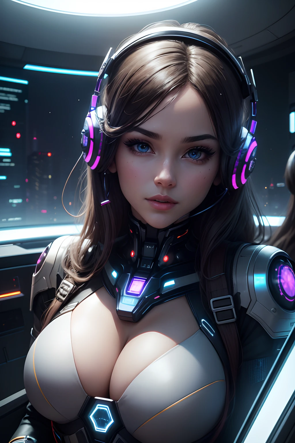 best quality,4k,highres,masterpiece:1.2),ultra-detailed,realistic,sexy,cybernetic woman,beautiful detailed eyes,beautiful detailed lips,unique hairstyle,music lover,listening to music,full-chested,futuristic spaceship,galaxy,sci-fi,headphones,sleek design,vibrant colors,illuminated interior,advanced technology,sophisticated interfaces,hovering in space,atmospheric lights,reflective surfaces,high-tech gadgets,2girls.