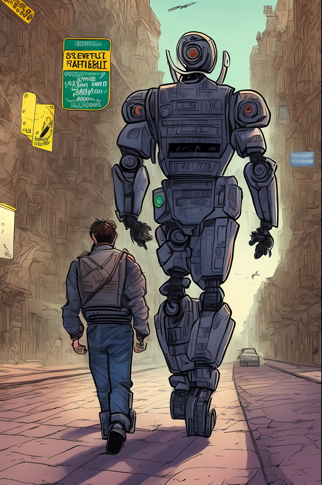 a colorful comic book picture of a robot walking a teacher over the road holding hand in hand, full HD, 3D, 4K, ultra realistic, ultra detailed, hyper realism, hyper perfectionist, ultra magnificent, highly extraordinary, rigidly sensational, ultra sublime, hyper exquisite, ultra In-depth, hyper-accurate, highly accurate, very thorough, extremely particularized, rich in uniqueness, hyper-pragmatic, abundant in common sense --auto --s2