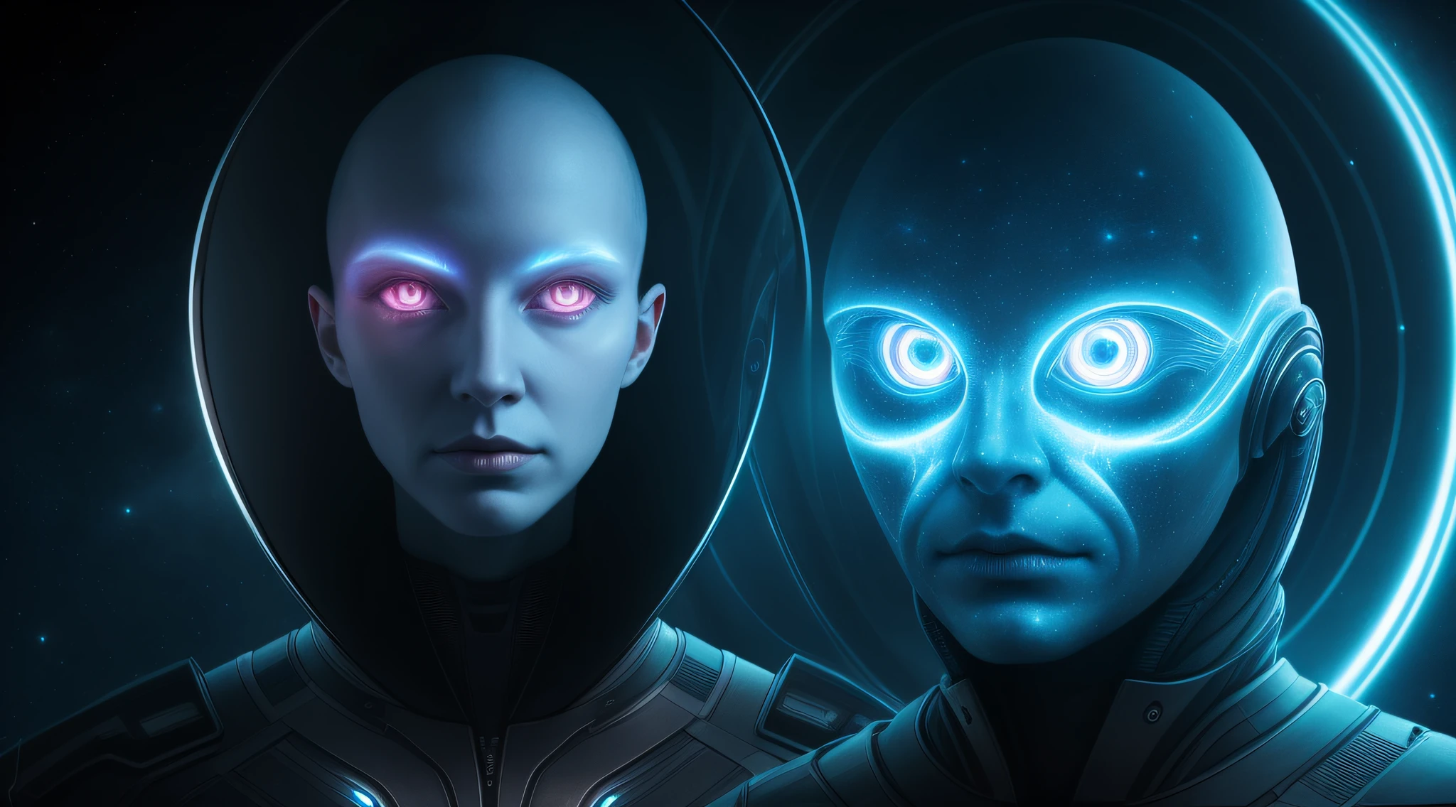 Ghostly portrait of a futuristic alien from another dimension creator of the universe
