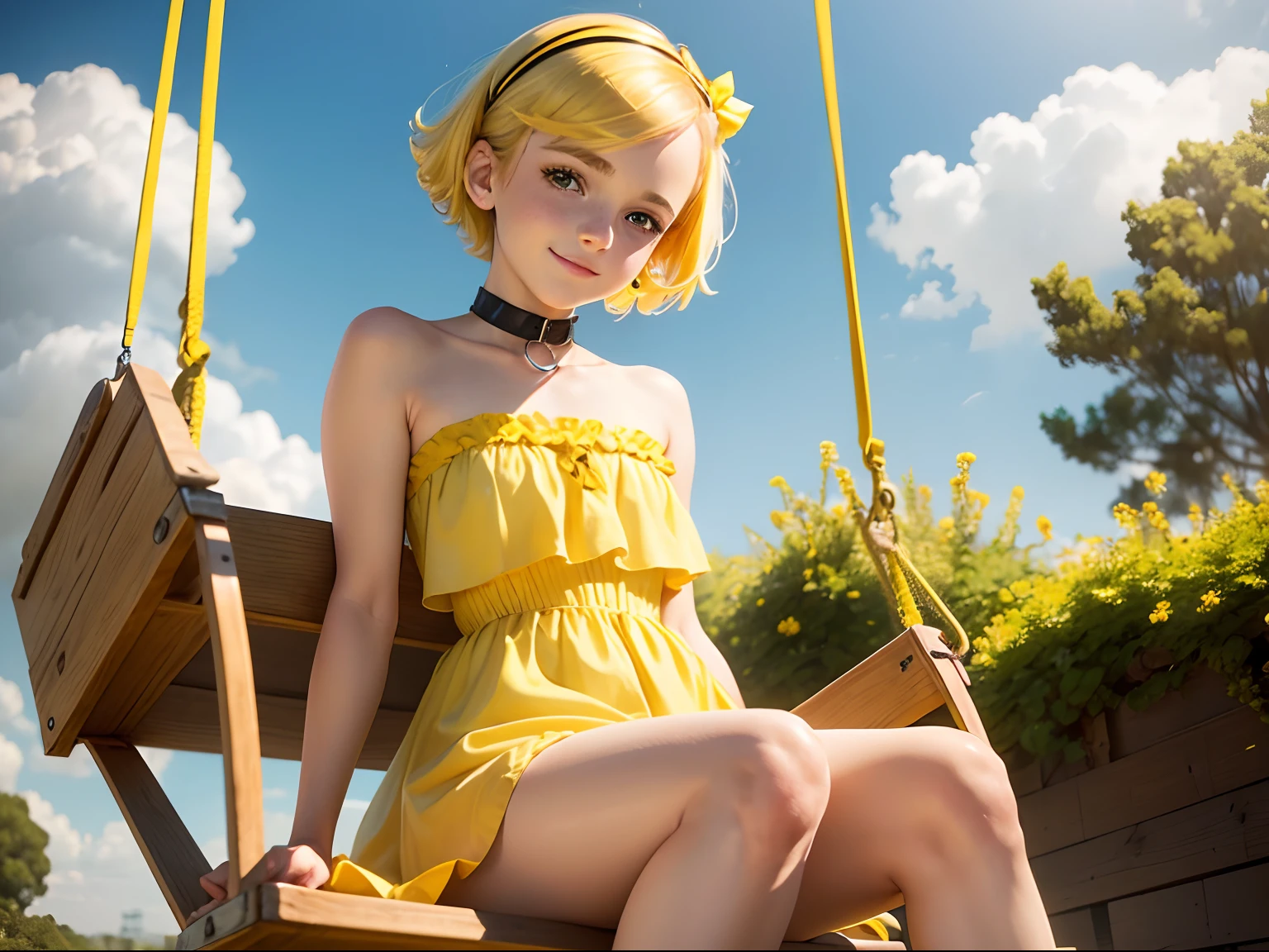 tween Emma Watson wearing a yellow strapless playsuit sitting on a swing, small bust, small chest, cute smile, yellow hair accessories, yellow makeup, yellow lips, yellow collar, yellow hair.