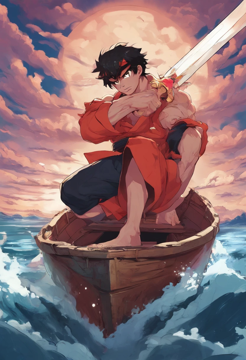 Boy sitting in boat, sword in hand, cape, loneliness, high resolution, sea of stars, vista, romance, smallness