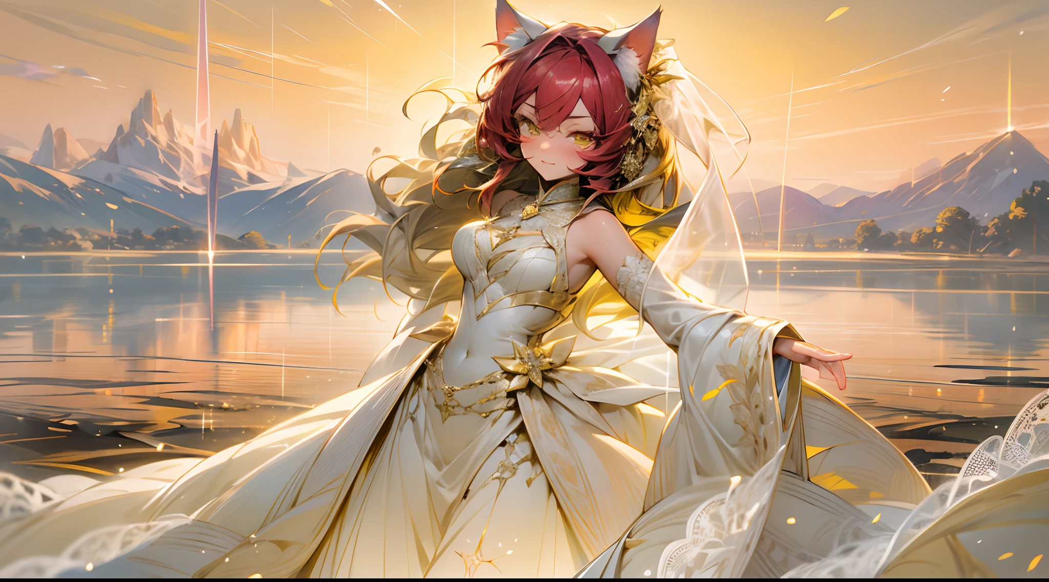 Stable diffusion cues:
(Best quality, Vibrant colors), Flowing hair, Transition from yellow to red, Radiant woman, Striking features, mesmerizing eyes, Reed Marsh, Ethereal charm, Wedding dress, Delicate lace detailing, Sunset lighting, Cat ears, a crystal pendant, karate stance, Metallic gloss machine