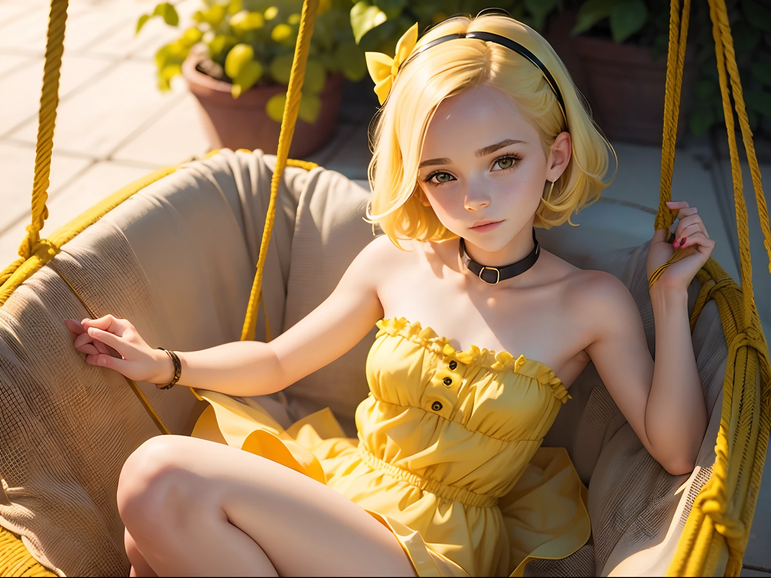 tween Emma Watson wearing a yellow strapless playsuit lying seductively on a bed, small bust, small chest, cute smile, yellow hair accessories, yellow bracelet, yellow hair.