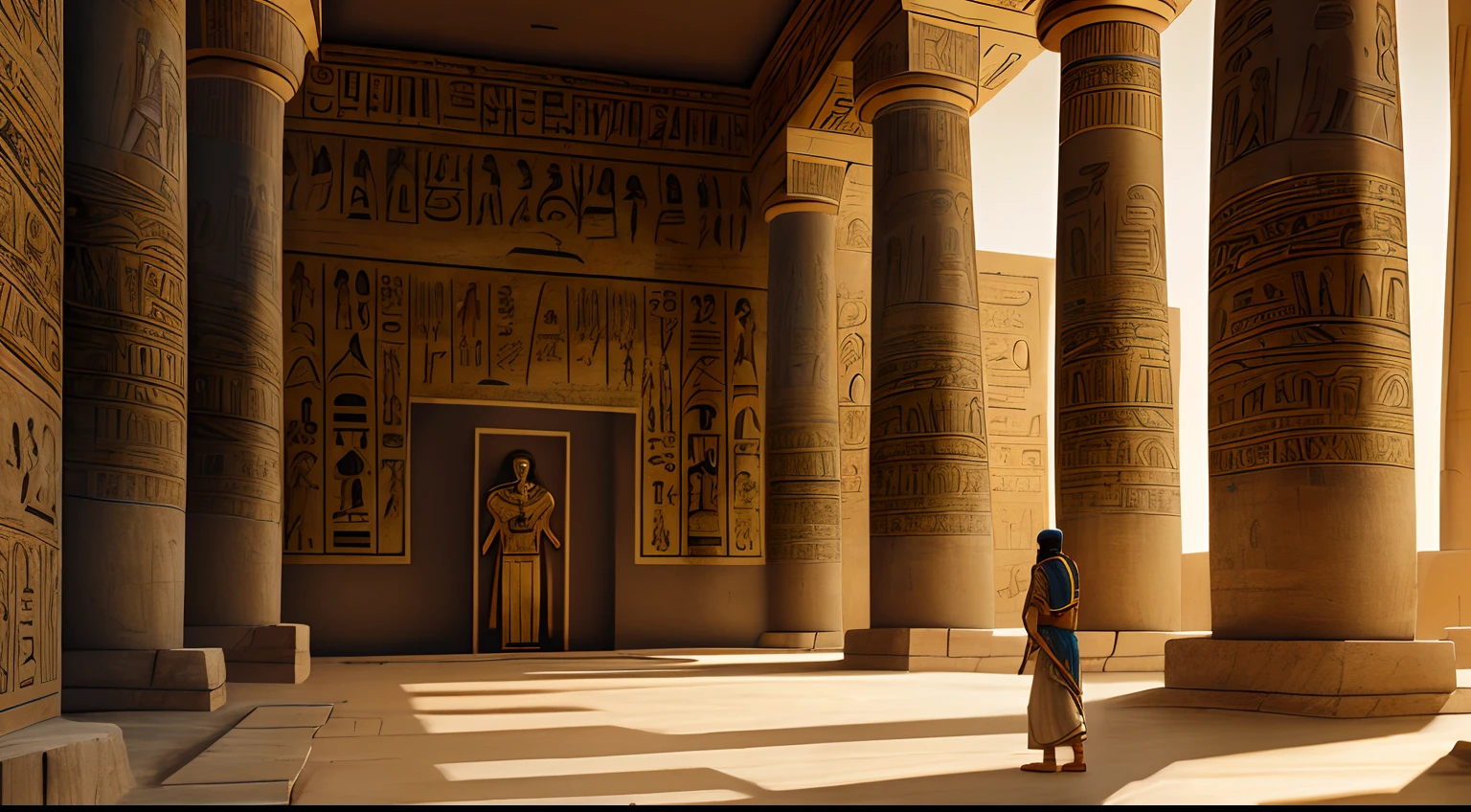 Create an artistic representation of Joseph in ancient Egypt, interpreting dreams for the Pharaoh and being promoted to governor. The scene should show Joseph in an Egyptian palace, surrounded by hieroglyphics and elements of Egyptian culture.