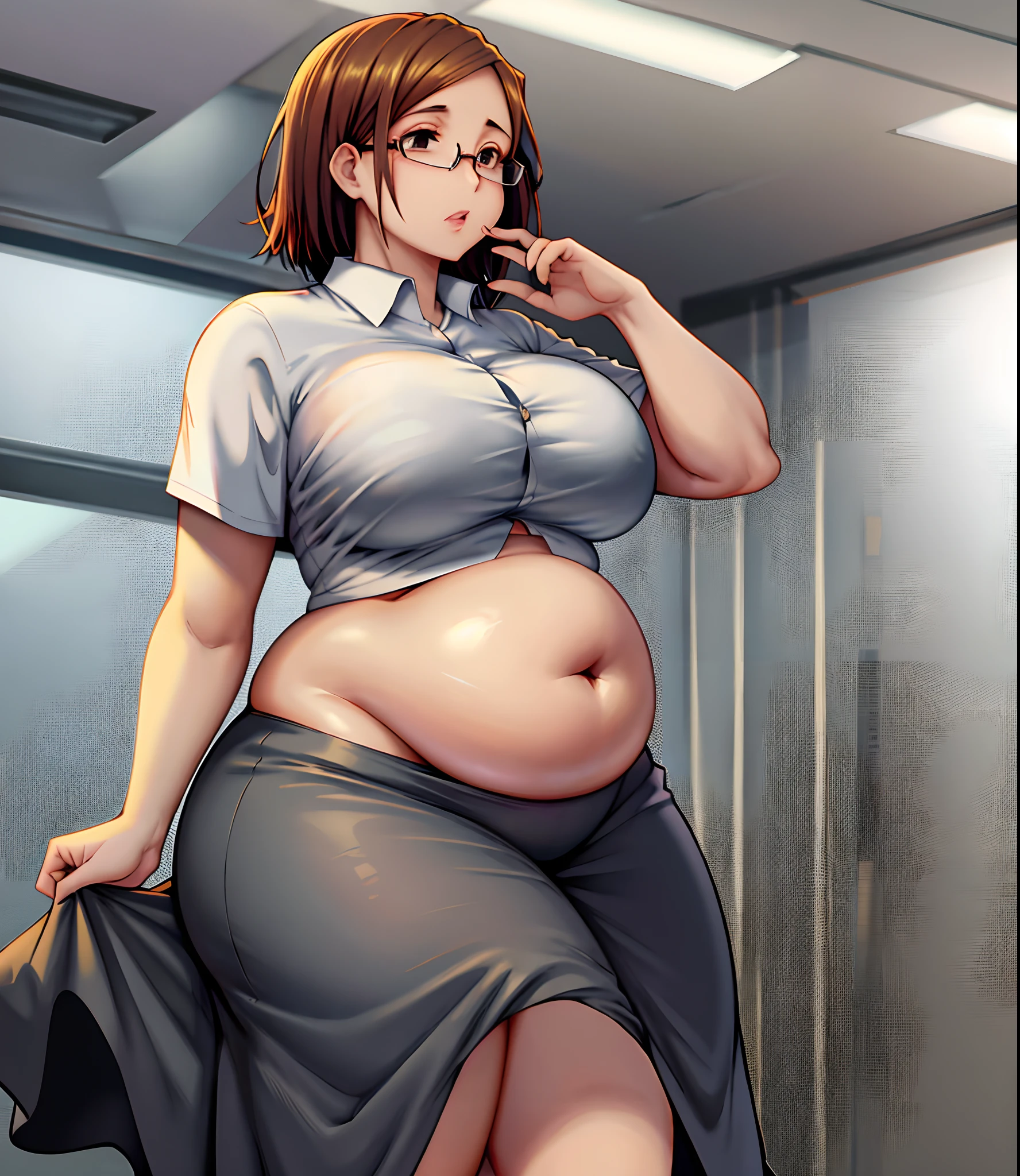 art by kipteitei, 1girl, nobarajk, thicc, round jiggly belly, bigger thighs, bigger breasts ,bigger boobs , work clothes, hips high skirt, white shirt, glasses,, chubby (best quality, masterpiece)