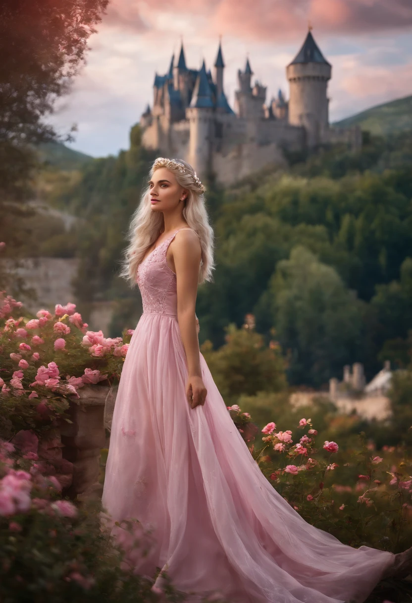 ((best quality, masterpiece)), 
1girl, princess pink dress, flowers, white messy hair,  outdoor, clouds on background,fantasy, medieval, castle on background