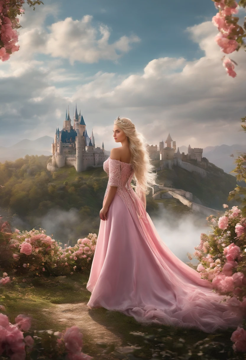 ((best quality, masterpiece)),
1girl, princess pink dress, flowers, white messy hair, outdoor, clouds on background,fantasy, medieval, castle on background