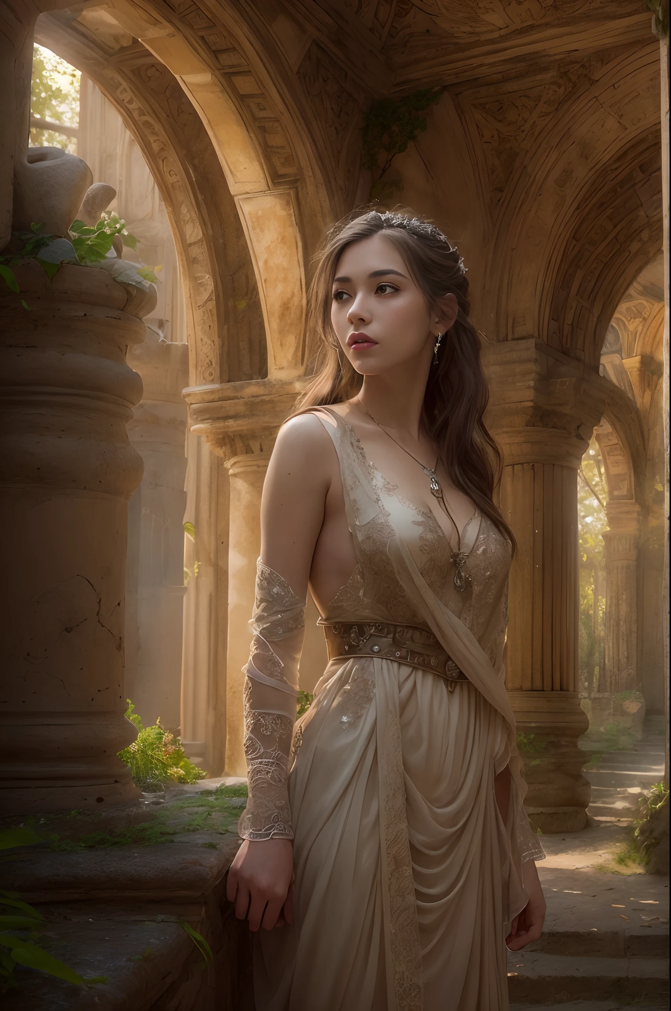 (best quality,4k,8k,highres,masterpiece:1.2),ultra-detailed,(realistic,photorealistic,photo-realistic:1.37),portraits,landscape,medium:oil painting,ancient ruins,breathtaking scenery,dreamy atmosphere,magical,historical charm,girl,curiosity,adventure,exploration,dressed in flowing gown,graceful,solemn expression,intricate details,delicate brushwork,mystical horn,gleaming in her hand,subtle light effects,sunlight streams,filtering through the dense foliage,captivating shadows,dappled sunlight,illuminating both the girl and the ruins,mysterious ambiance,earth tones,elegant color palette,faint mist,hinting at unseen magic,sensitivity to natural beauty,astonishing realism,strong sense of depth,whimsical touches,sublime composition,vivid colors,impressive artistry,stunning visual narrative