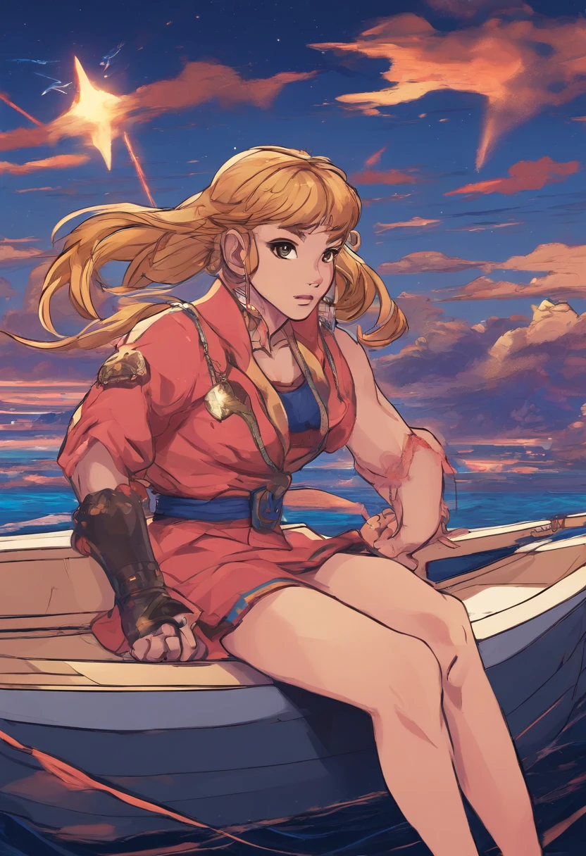 girl sitting in boat, loneliness, high resolution, sea of stars, vista, romance, smallness