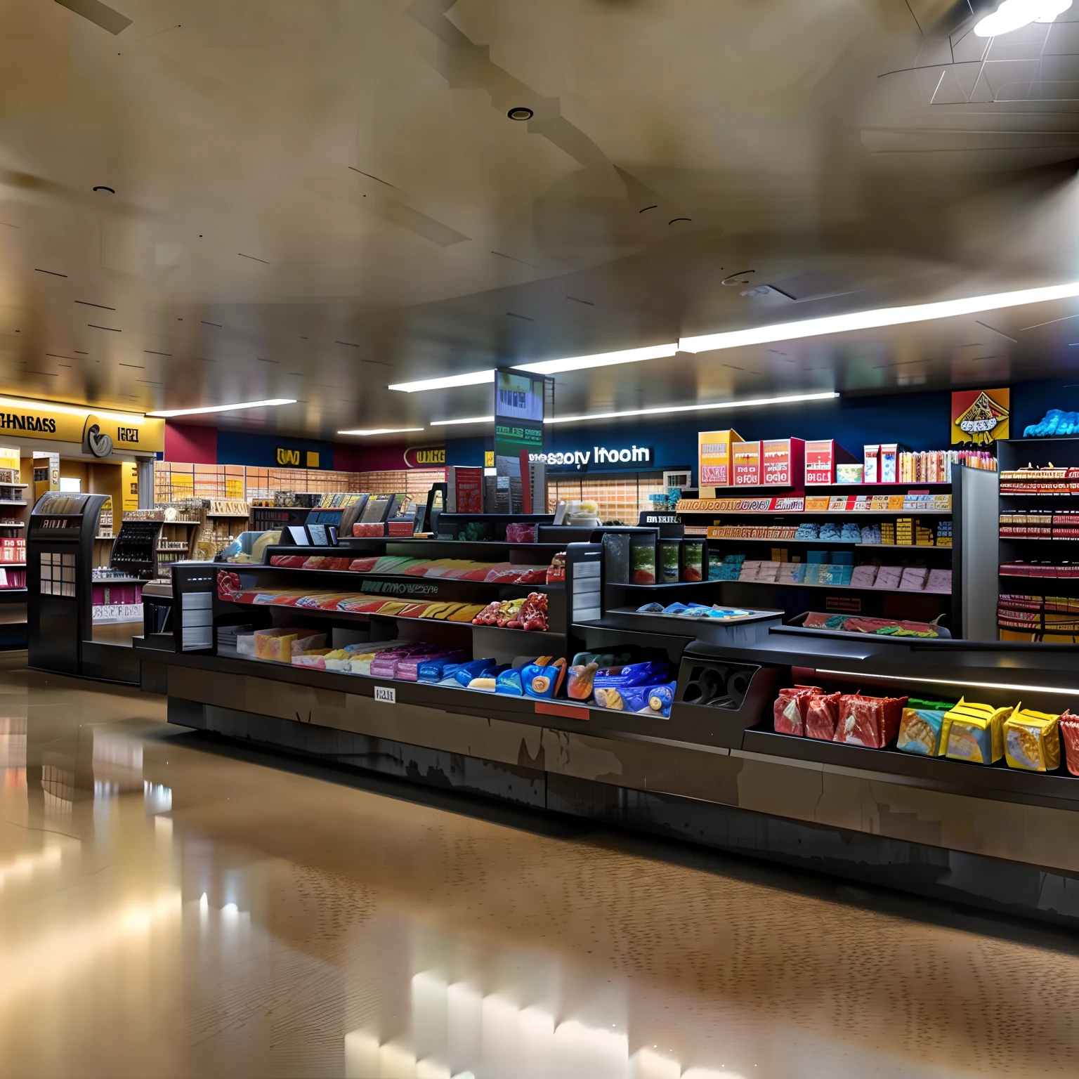 there is a large display of food in a store with a lot of shelves, inside a supermarket, convenience store, wide long view, wide long shot, digitally painted, inside a gas station, iso 1 0 0 wide view, store, superwide shot, completely empty, high detailed store, ultra wide-shot, postprocessed)