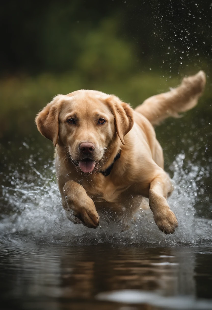 Descreva a imagem de um cachorro labrador retriever pulando alegremente em um lago, with the drops of water flying around him as he revels in the water.