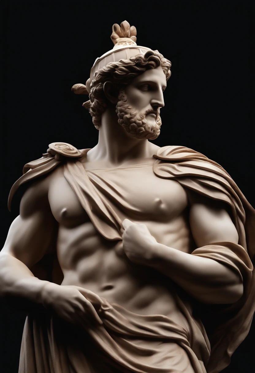 Greek statue similar to Ares, primeiro plano, 8k, fundo preto